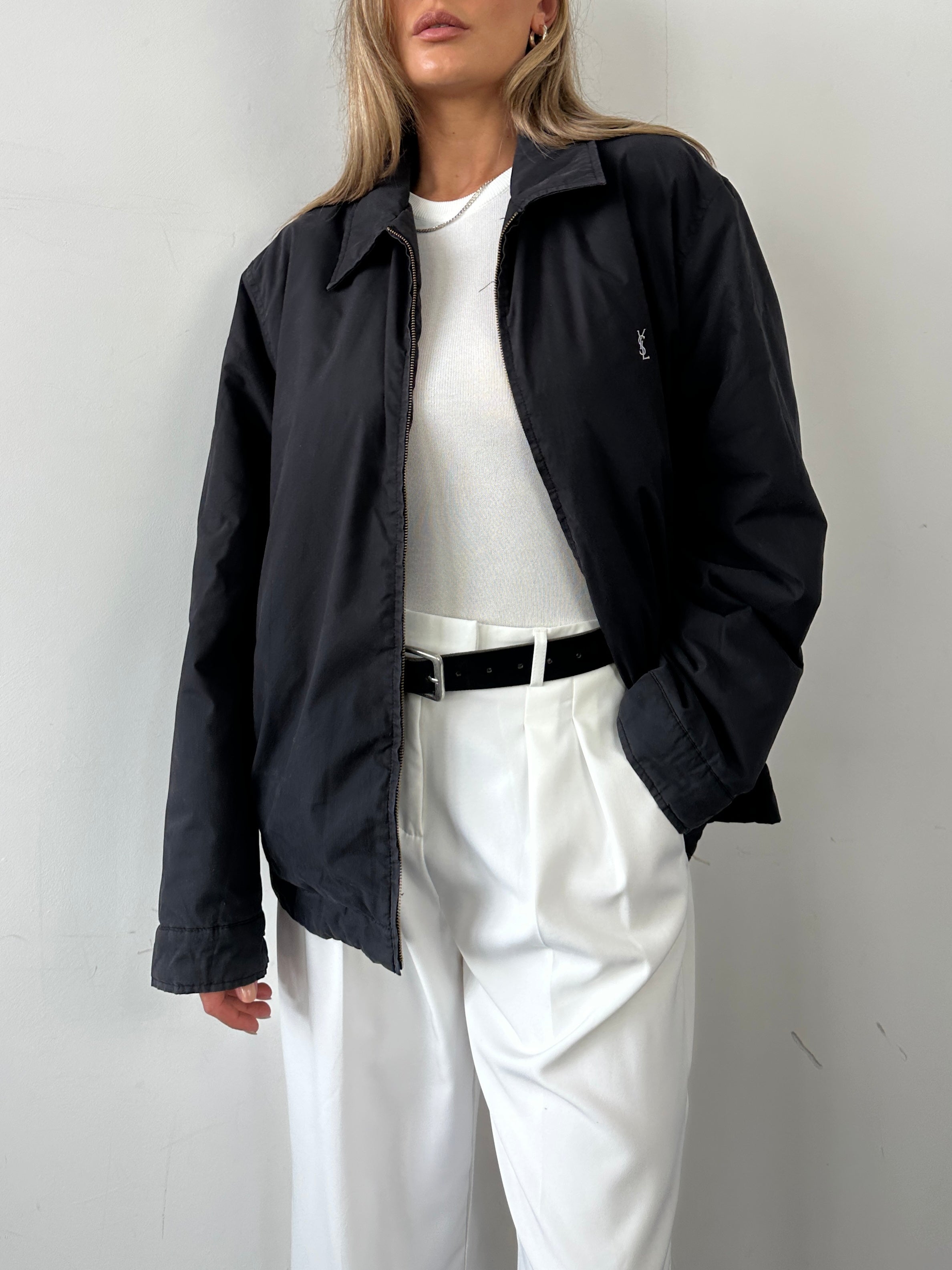Yves Saint Laurent Pour Homme logo padded bomber jacket in XL with front zipper, ribbed cuffs, and brand logo details.
