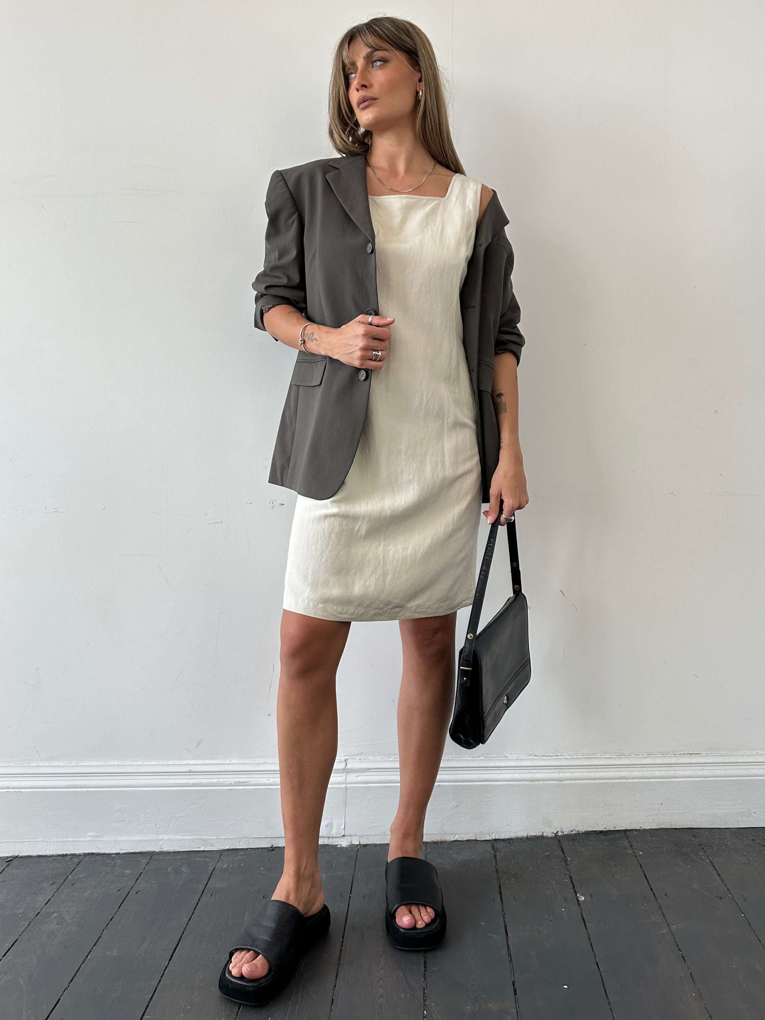 Laura Ashley silk linen square neck midi dress in size M, featuring a flowy silhouette and elegant design.