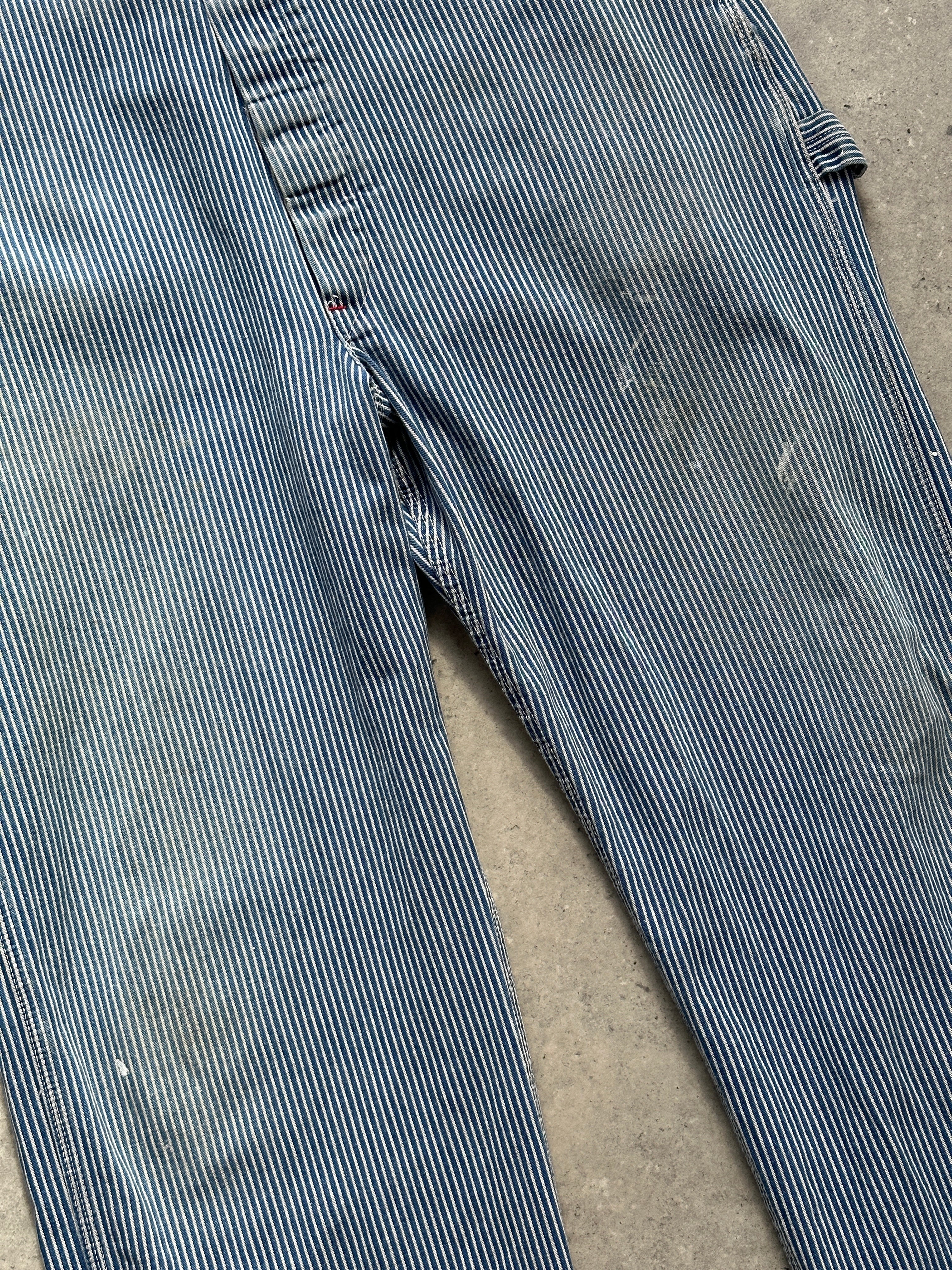 Dickies pinstripe pure cotton dungarees in M/L size, showing the front view with adjustable shoulder straps and side pockets.