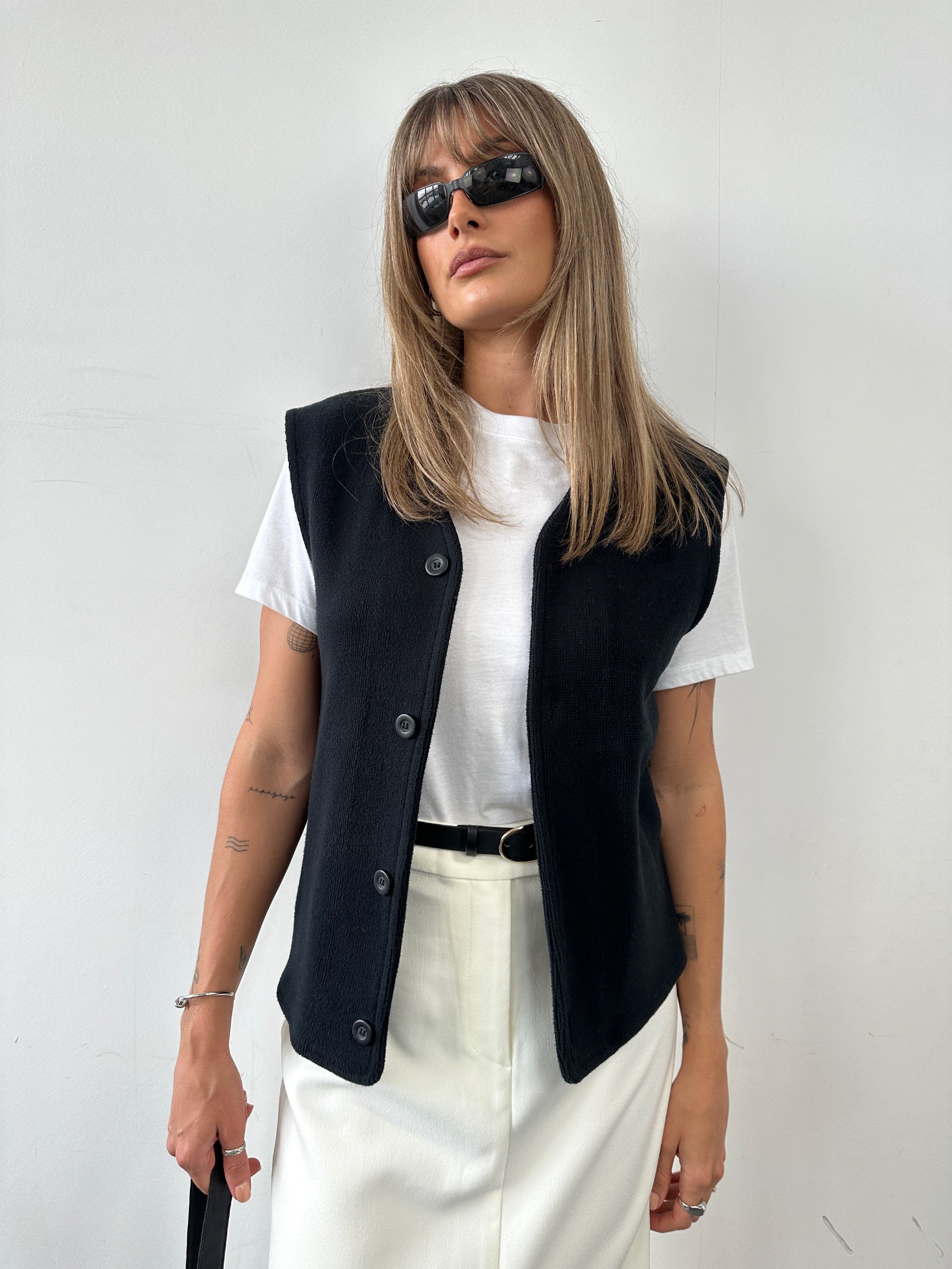 Giorgio Armani cotton knitted logo waistcoat, S/M size, featuring a stylish knitted coat with Armani branding and a classic design.