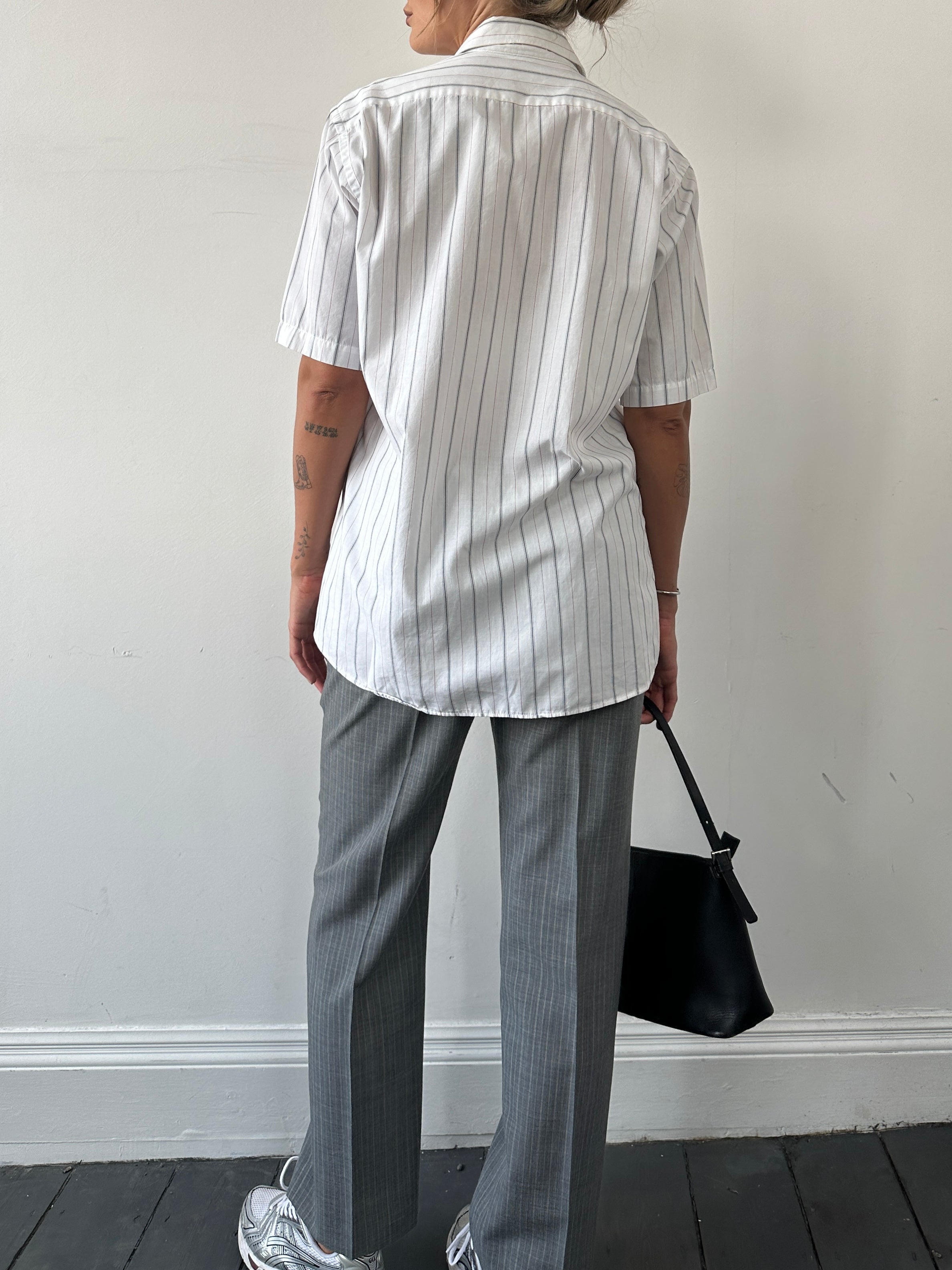 Christian Dior stripe cotton shirt in size M, featuring classic design with blue and white vertical stripes, short sleeves, and button front.