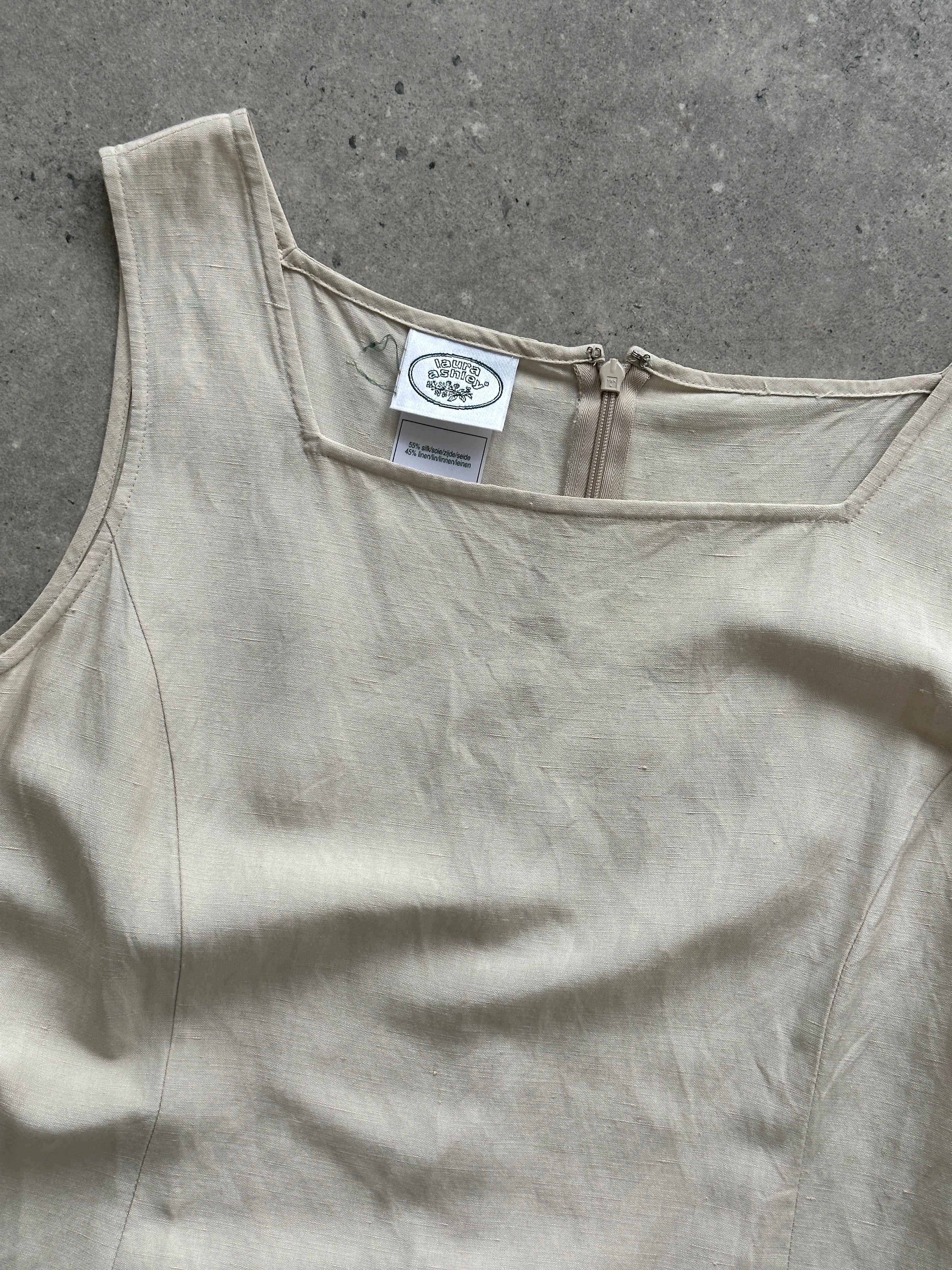 Laura Ashley silk linen square neck midi dress in size M, featuring a stylish, elegant design with a fitted waist and flowing skirt.