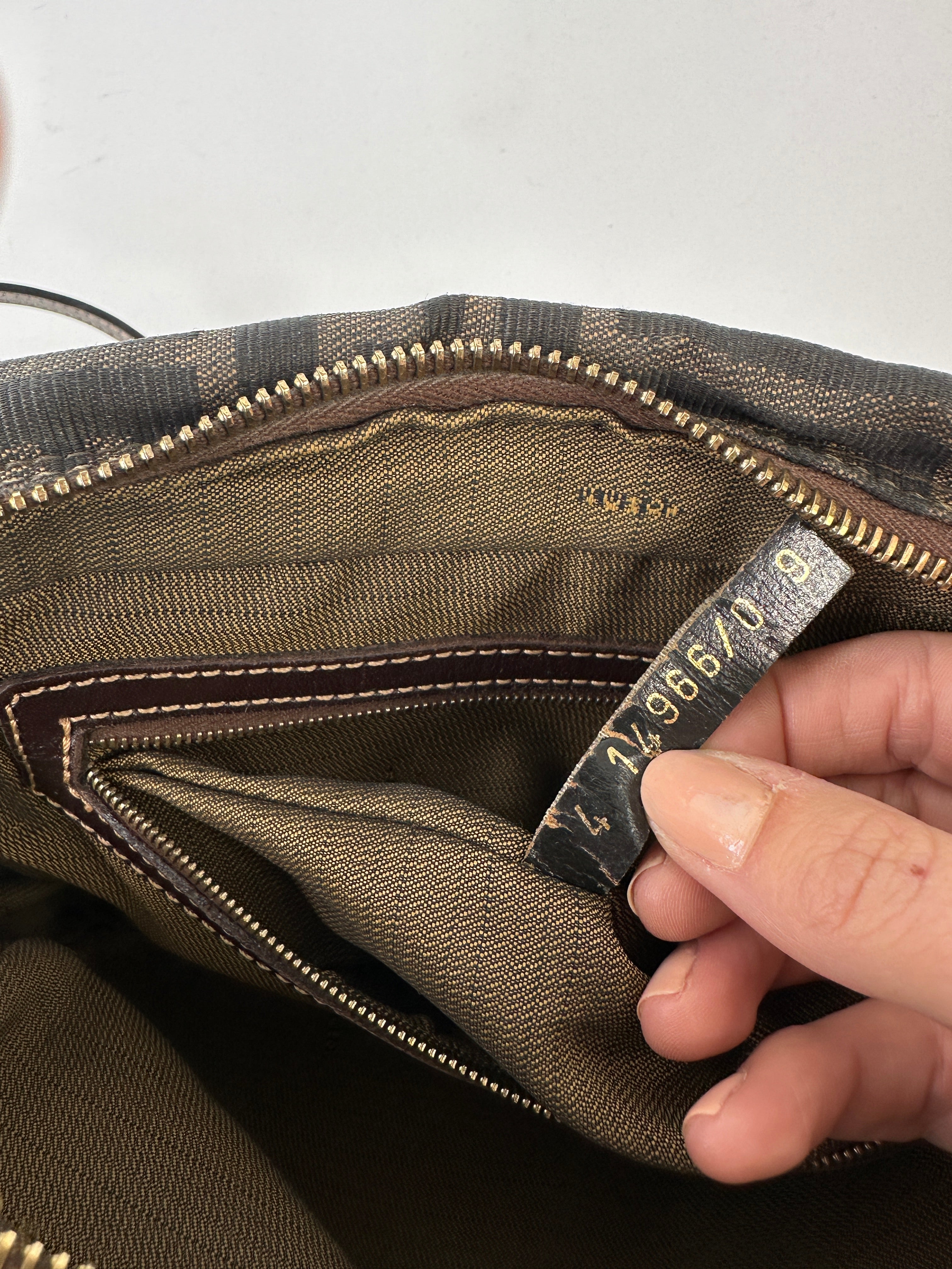 Fendi Zucca Monogram Crossbody Bag with adjustable strap and classic Fendi logo print on beige canvas.