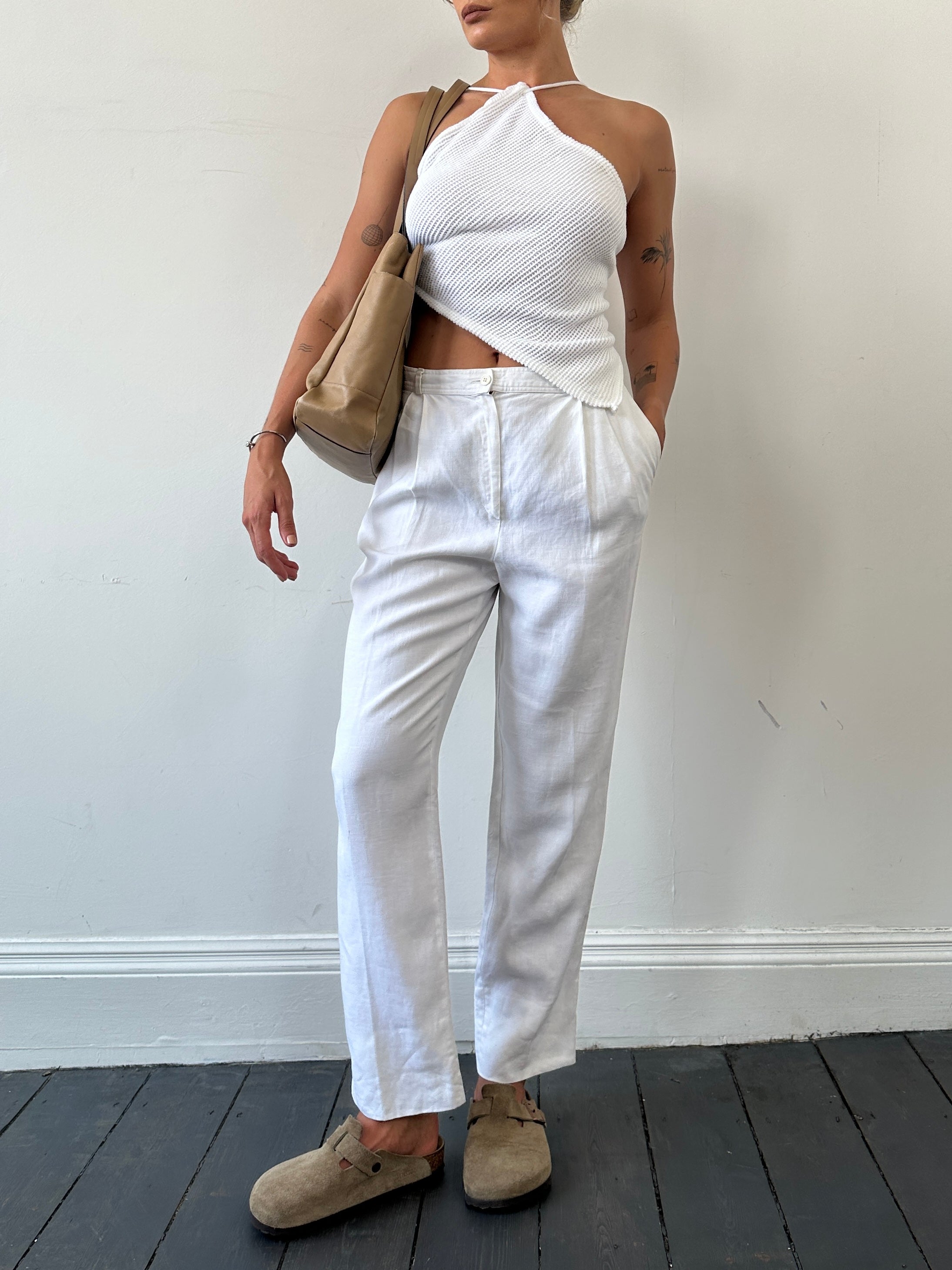 Valentino Miss V Pure Linen High Waisted Trousers, cream-colored, tailored fit, with a wide waistband and classic design.