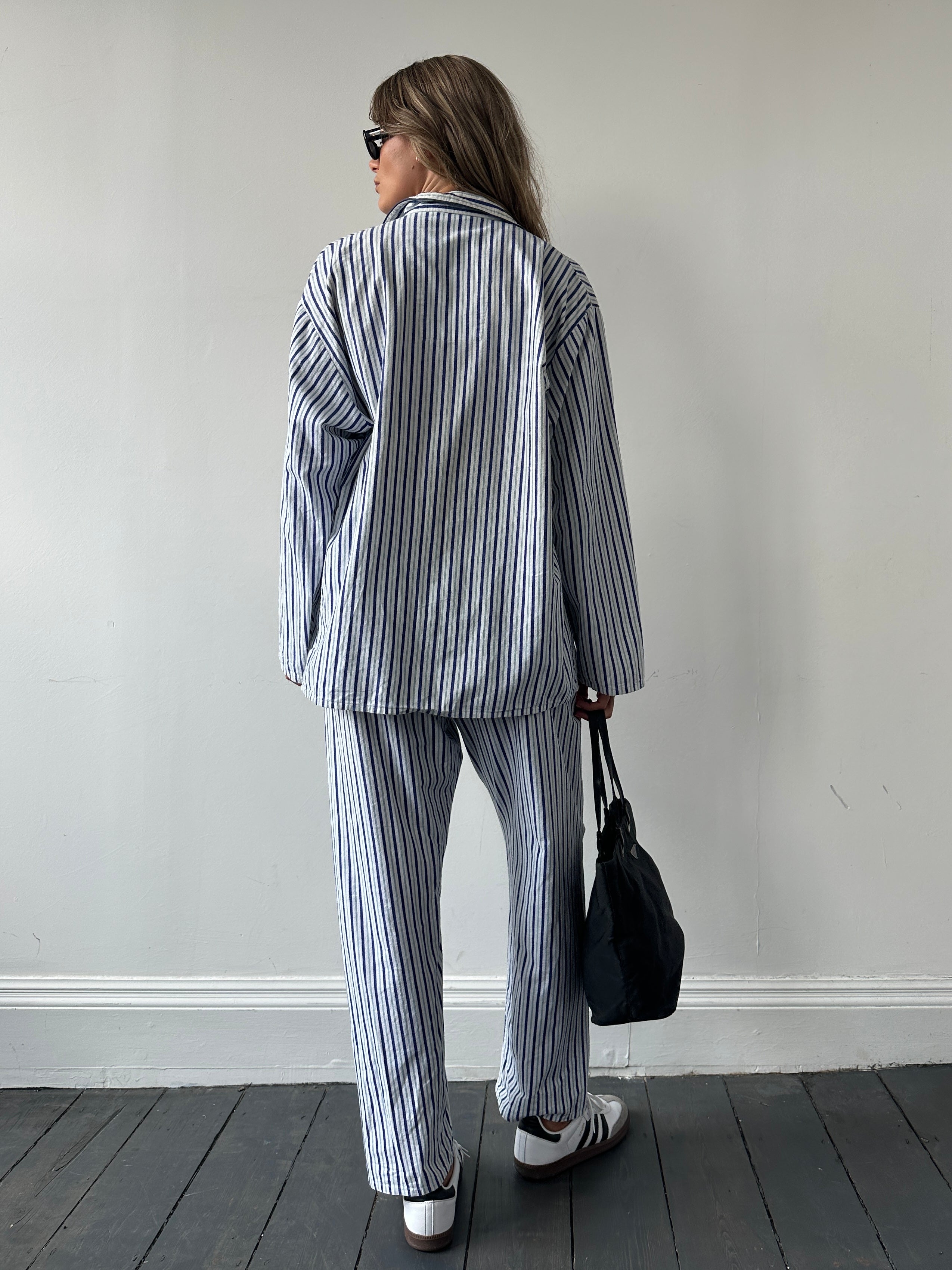 St Michael brushed cotton stripe two-piece pyjama set with long sleeves and pants, featuring a comfortable, casual design.