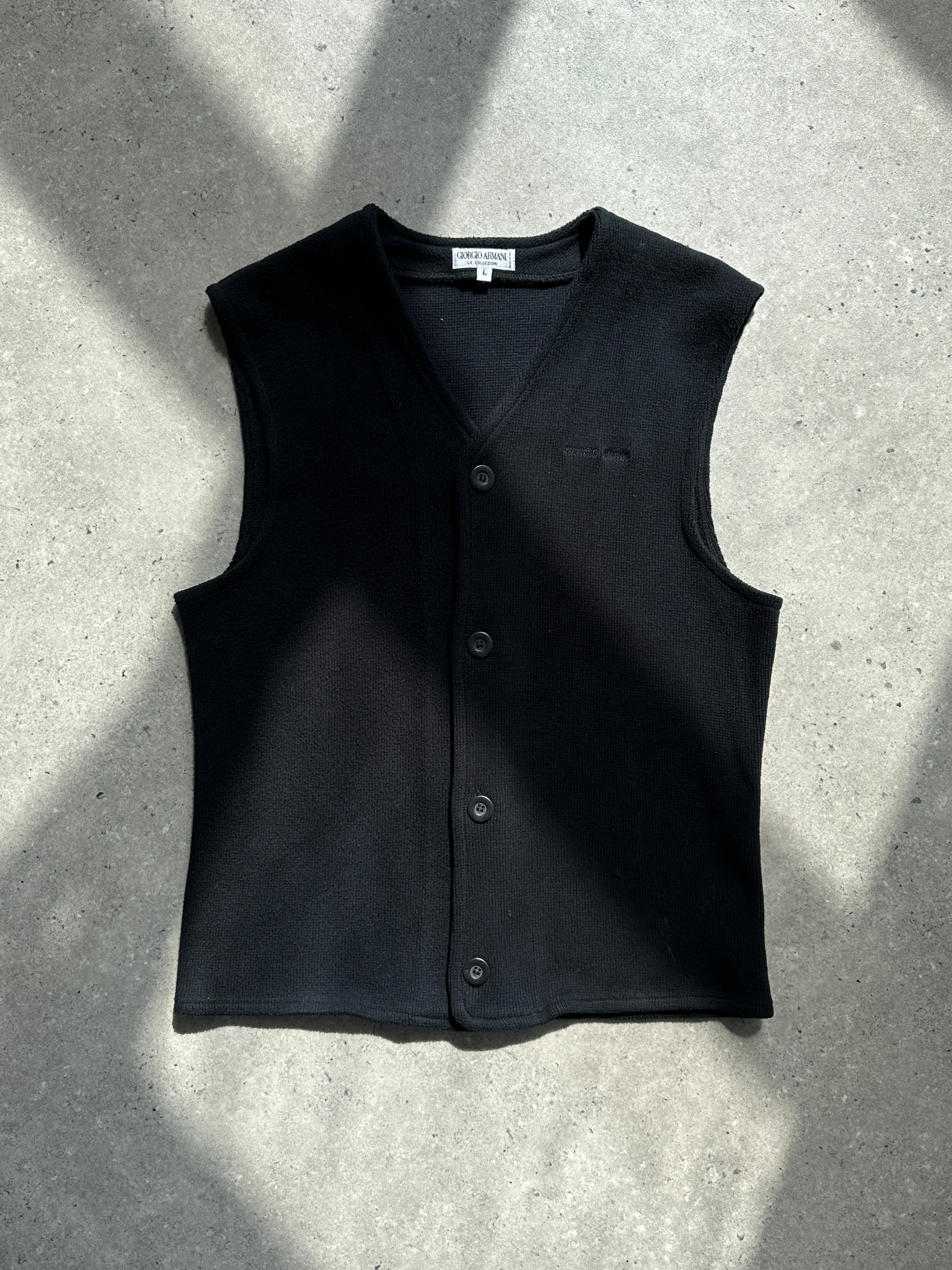 Giorgio Armani cotton knitted logo waistcoat in S/M, stylish coat with embroidered Armani logo and ribbed knit texture.