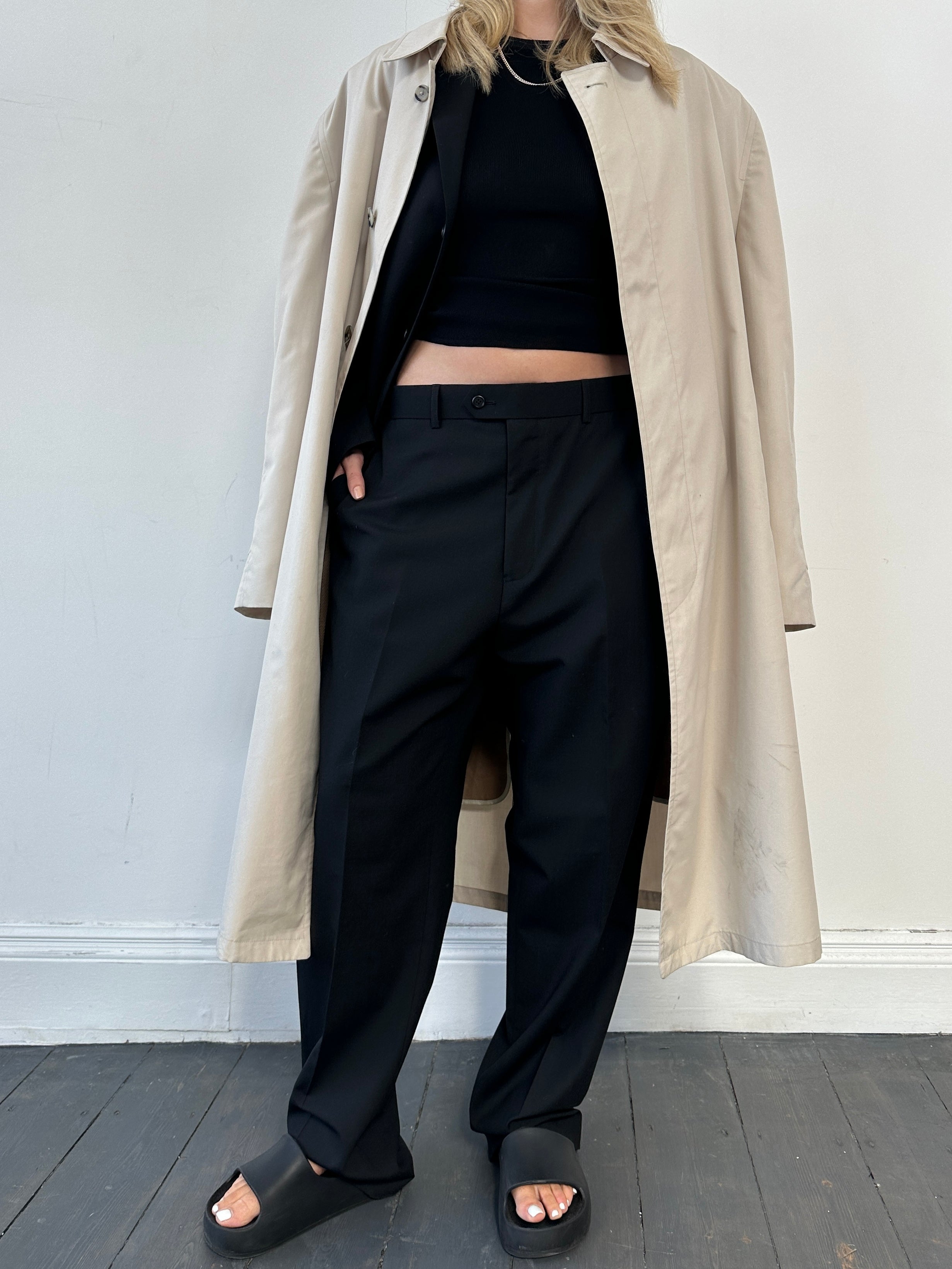 Vintage single-breasted wool blend jumpsuit in size 42R/W36, featuring a classic tailored fit with lapel collar and button closure.
