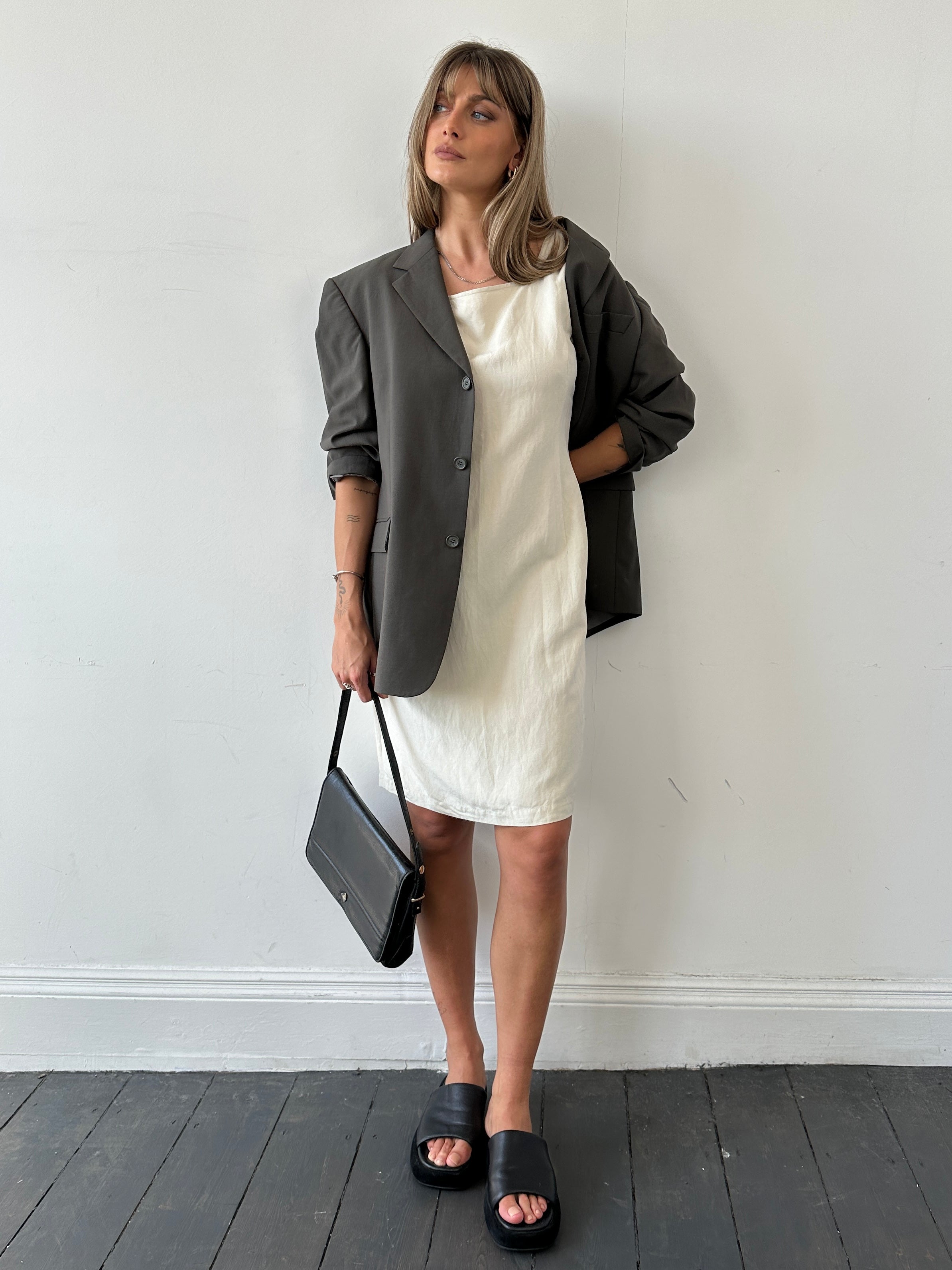 Laura Ashley silk linen square neck midi dress in size M, featuring a flowing design and elegant square neckline.