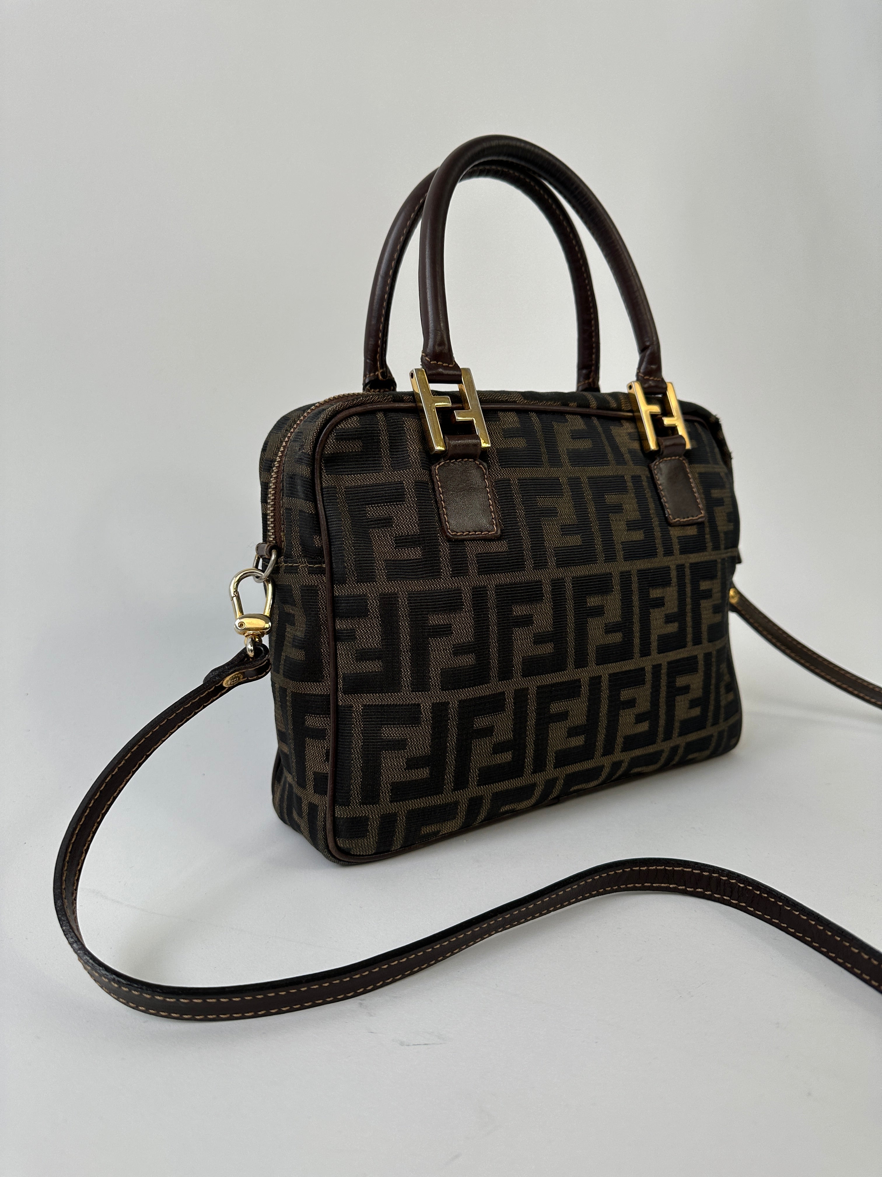 Fendi Zucca Monogram Crossbody Bag with adjustable strap and classic FF logo pattern on brown canvas.