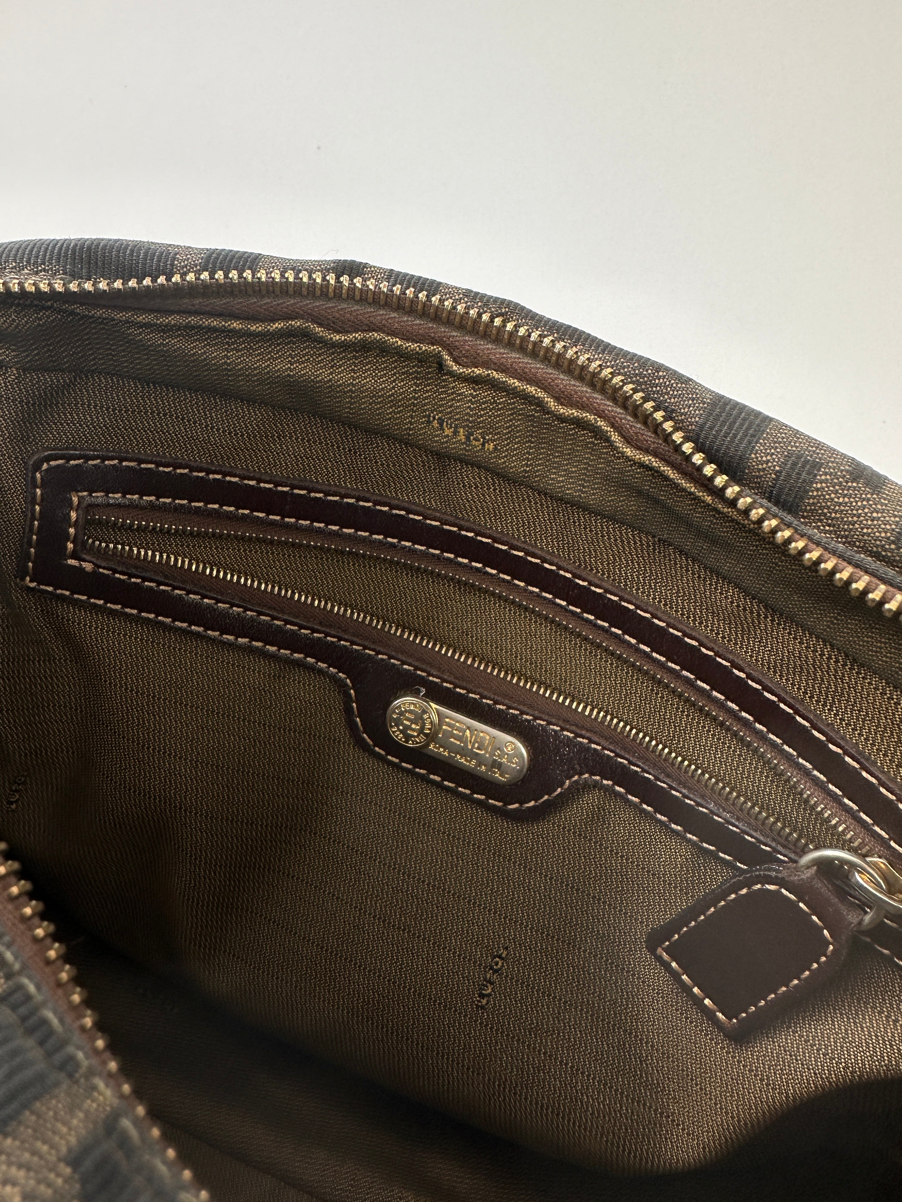 Fendi Zucca Monogram crossbody bag featuring the signature FF pattern, leather strap, and gold-tone hardware.