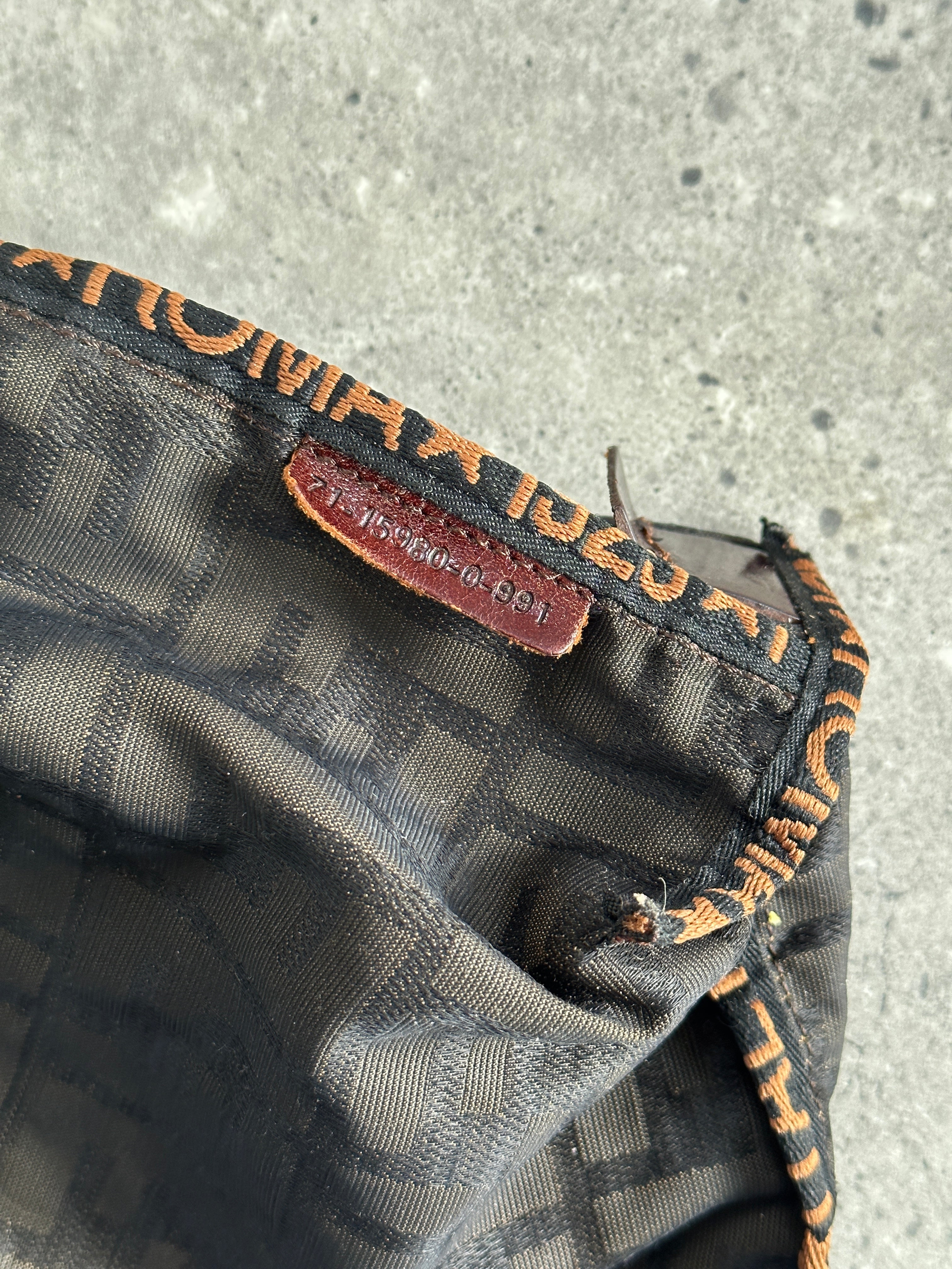 Fendi Zucca FF Monogram Rucksack bag with leather straps and zip closure, featuring the iconic Fendi logo pattern on canvas.