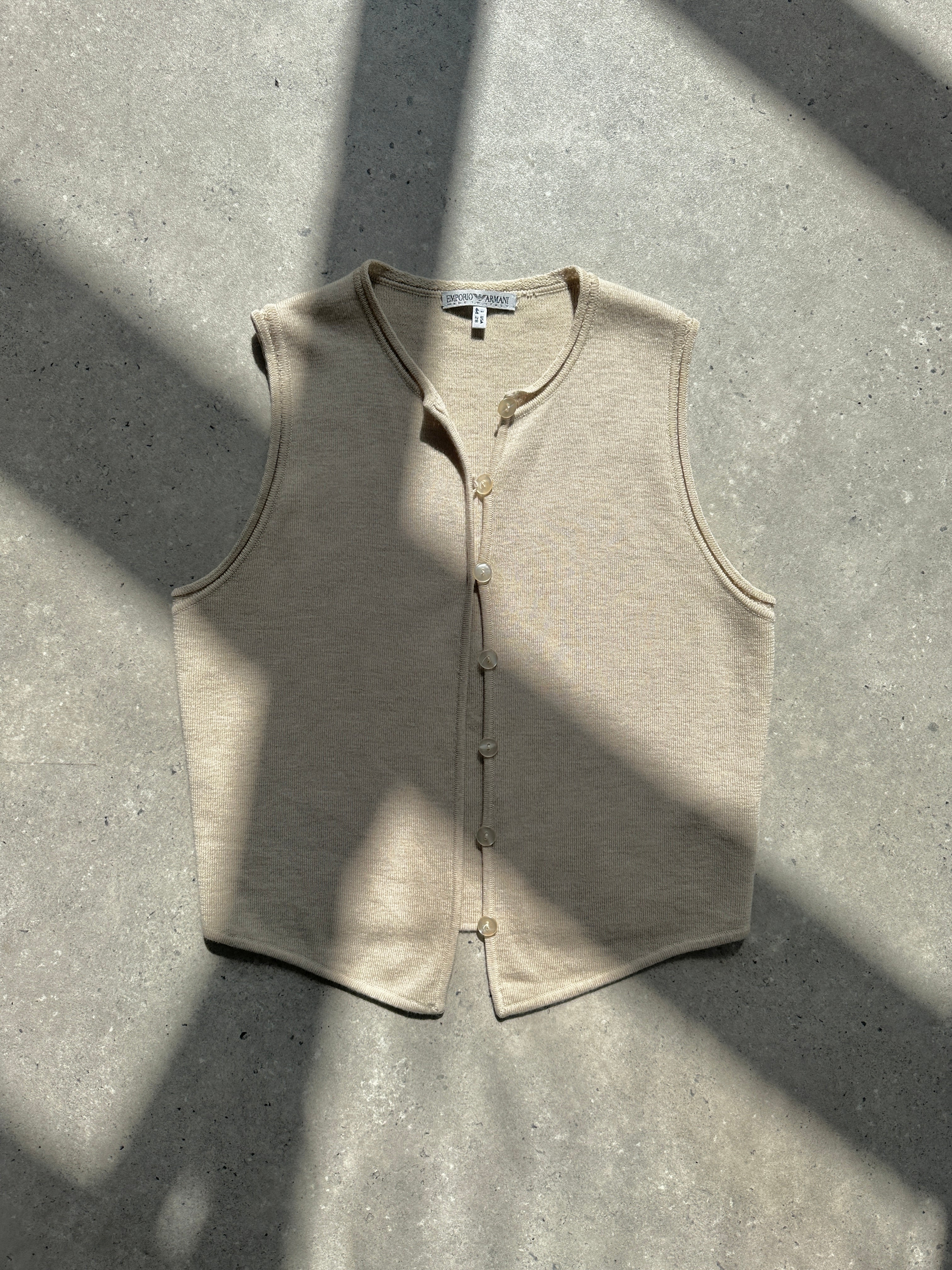 Emporio Armani pure wool knit waistcoat, men's size S/M, featuring a tailored coat design in soft wool fabric.