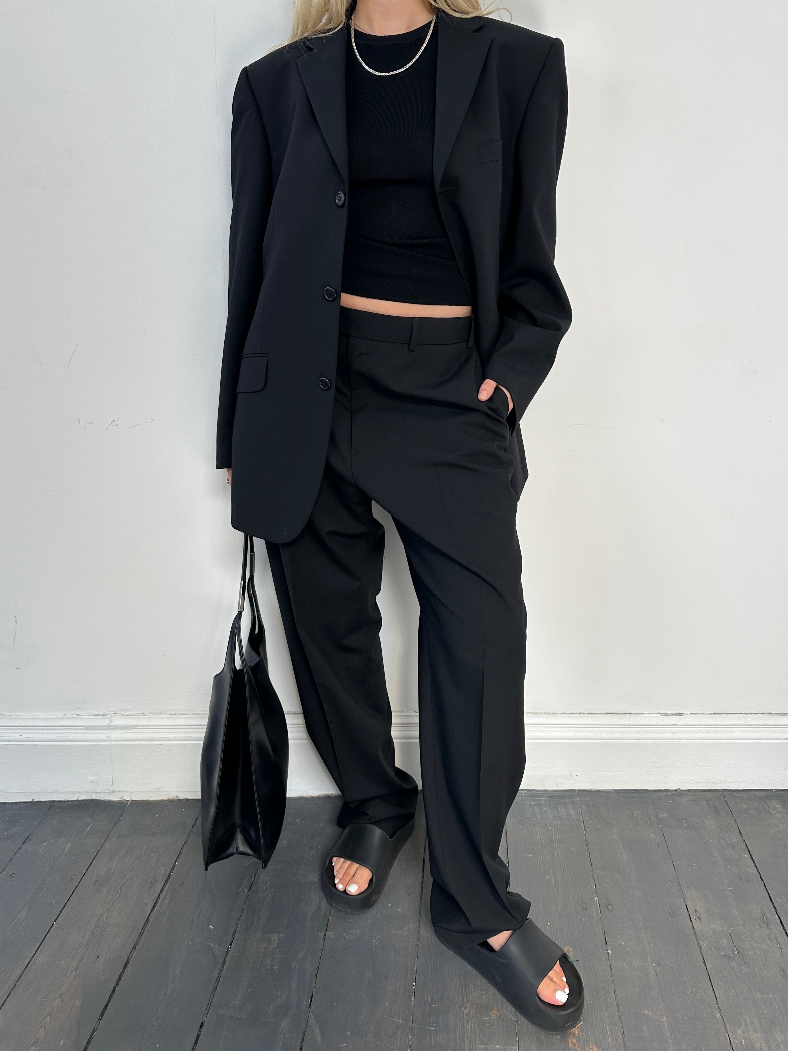 Vintage wool blend jumpsuit in size 42R/W36, featuring a vintage single-breasted suit style with tailored fit and classic design.