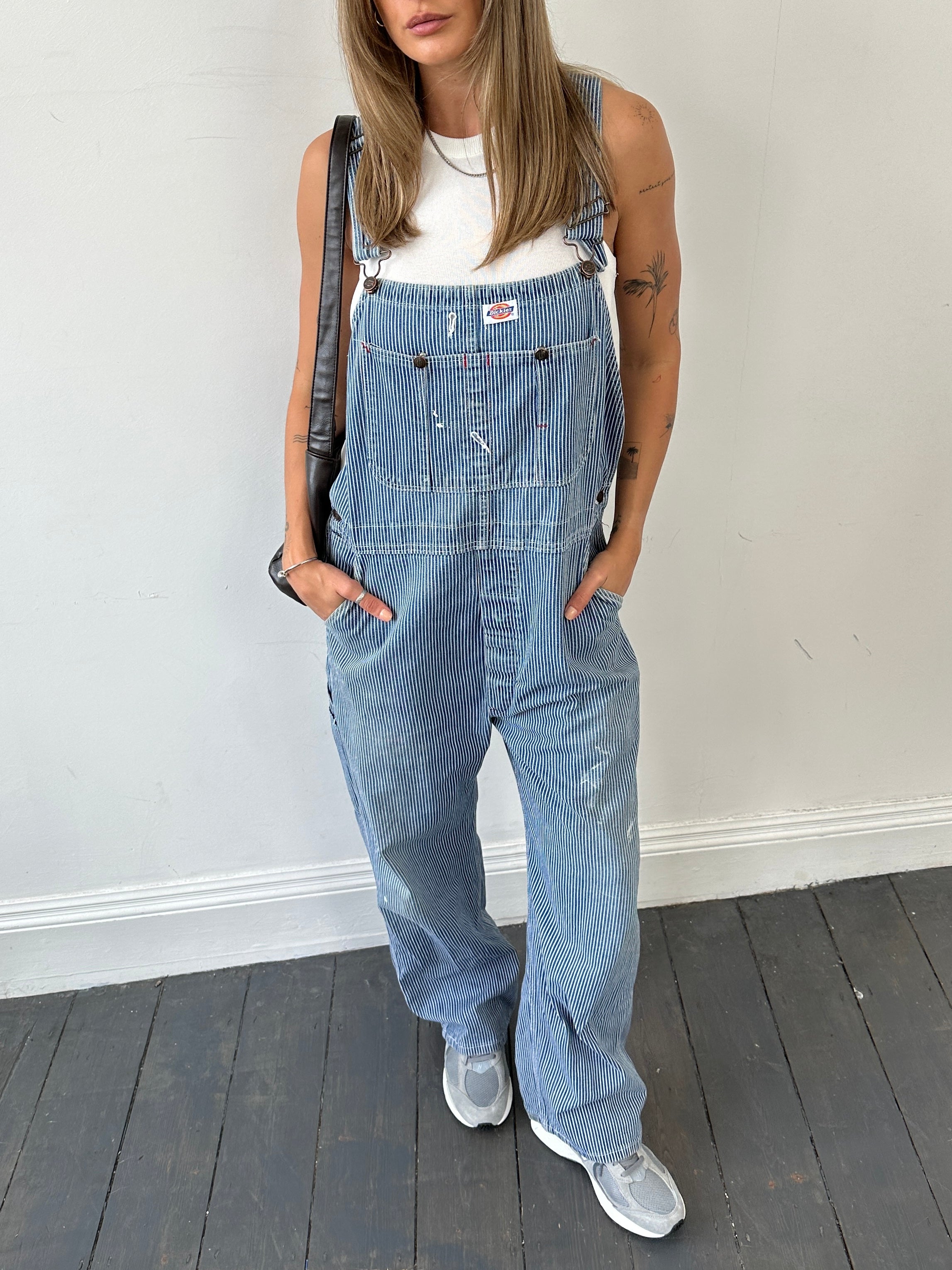 Dickies pinstripe pure cotton dungarees, men's M/L size, featuring classic bib and adjustable straps on a neutral background.