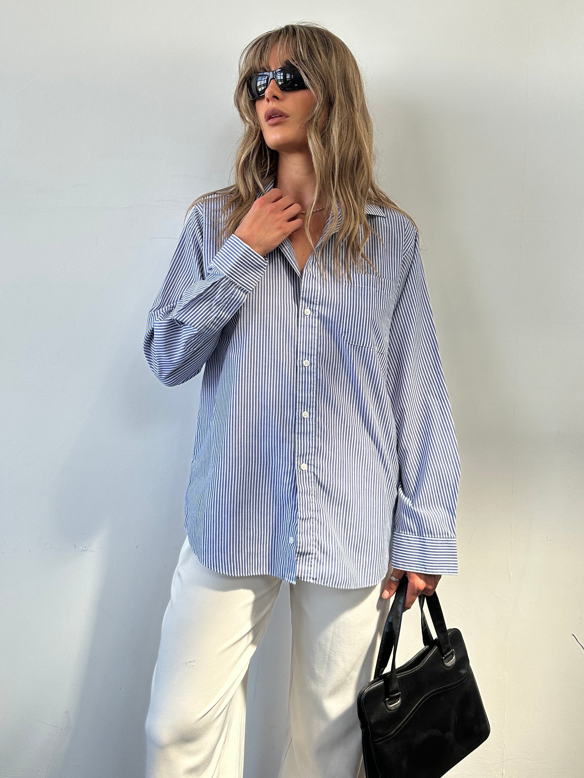 St Michael men's pinstripe cotton shirt in size M, featuring a classic button-up design with a collar and long sleeves.