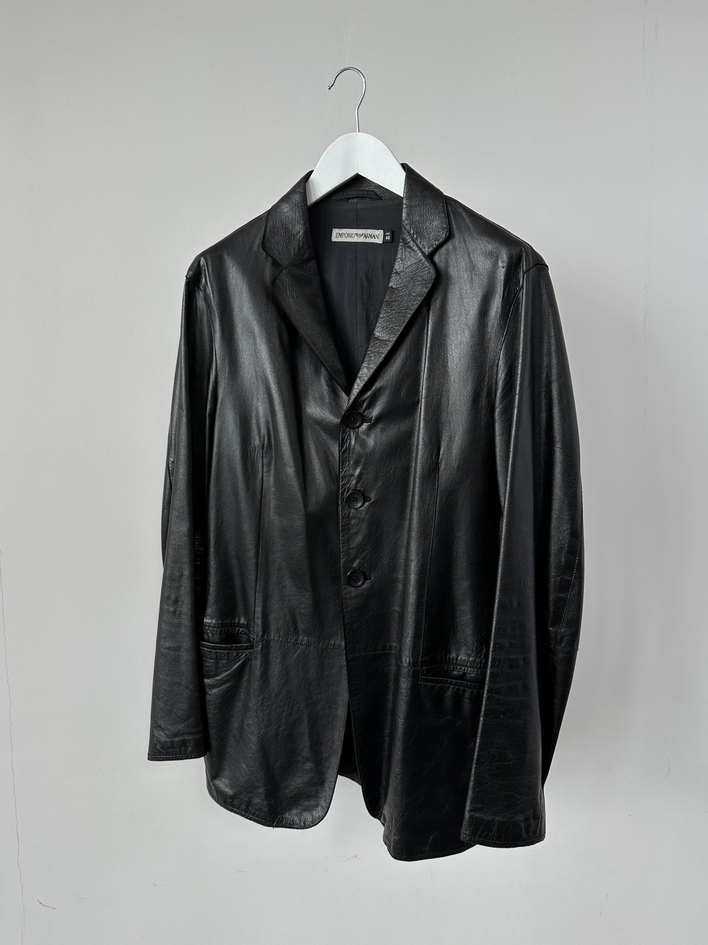Emporio Armani leather blazer jacket in size S, featuring a sleek design and classic style, visible on a model.