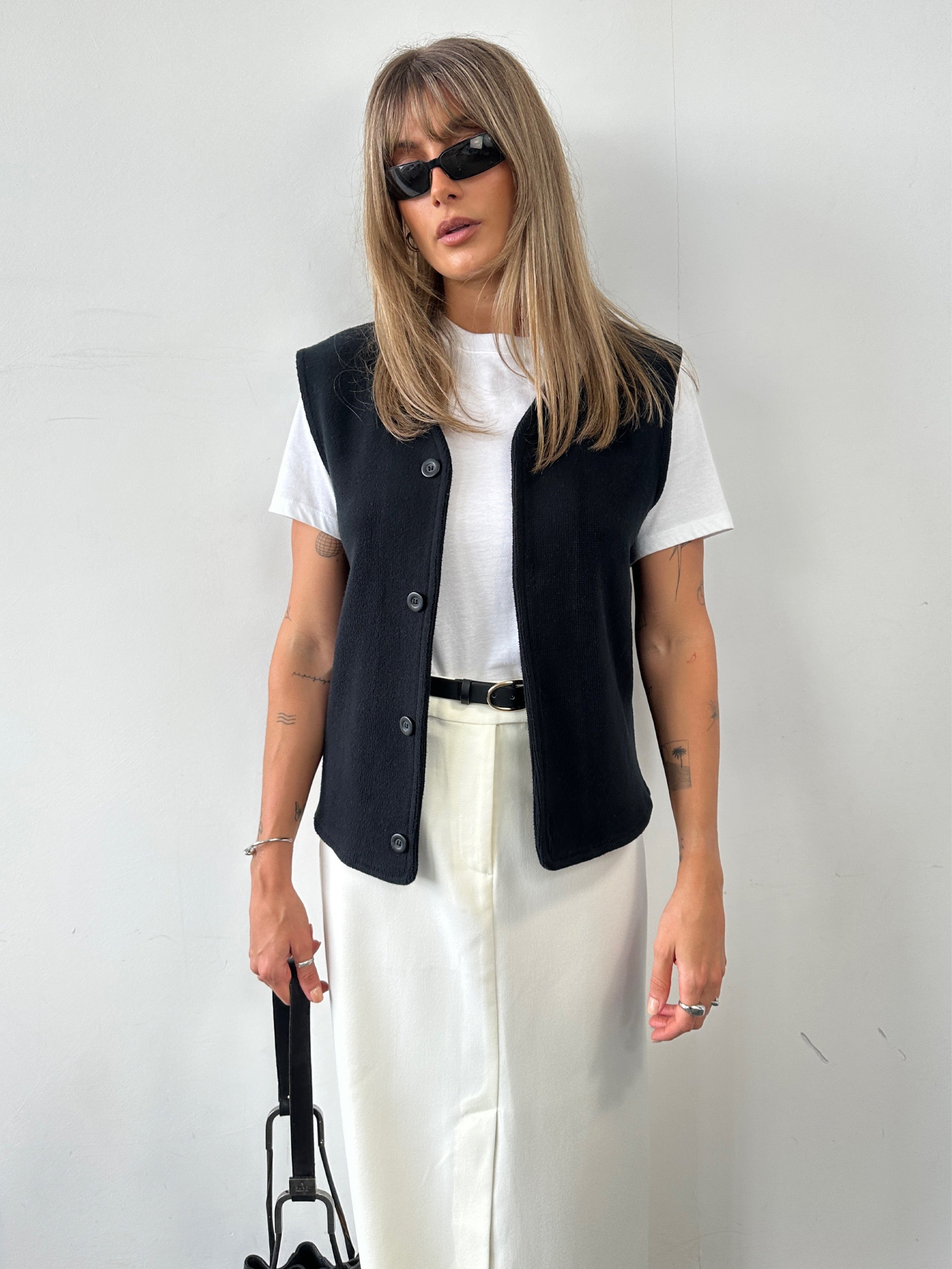 Giorgio Armani cotton knitted logo waistcoat in S/M, stylish coat with Armani branding and textured knit fabric.