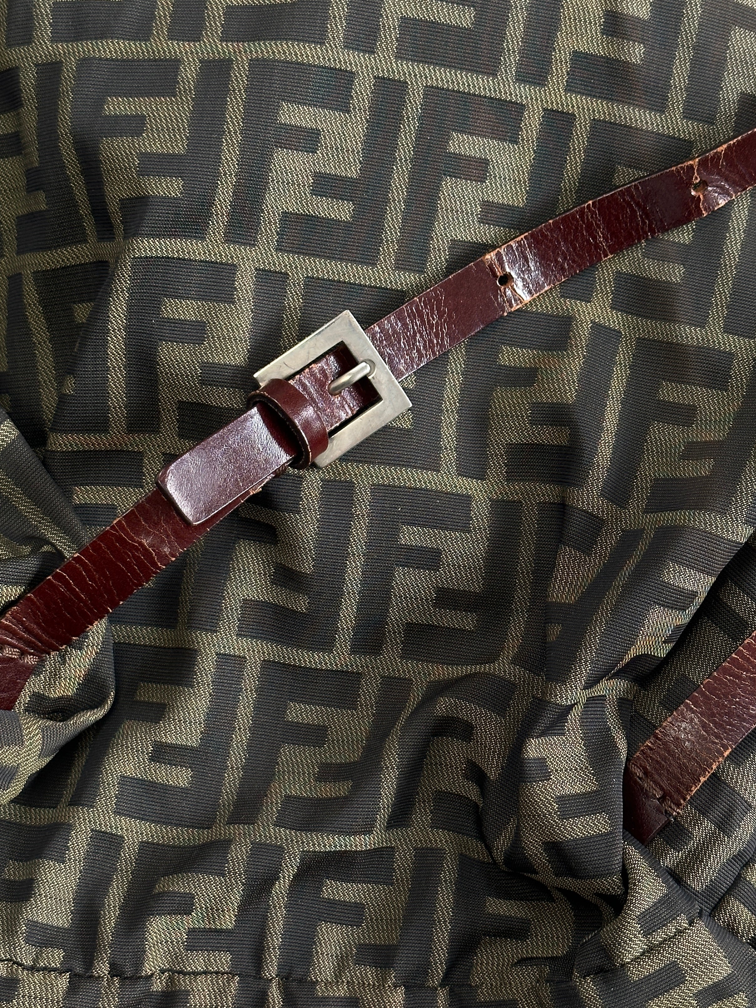 Fendi Zucca FF Monogram Rucksack bag with adjustable straps, front pocket, and signature logo pattern on durable fabric.