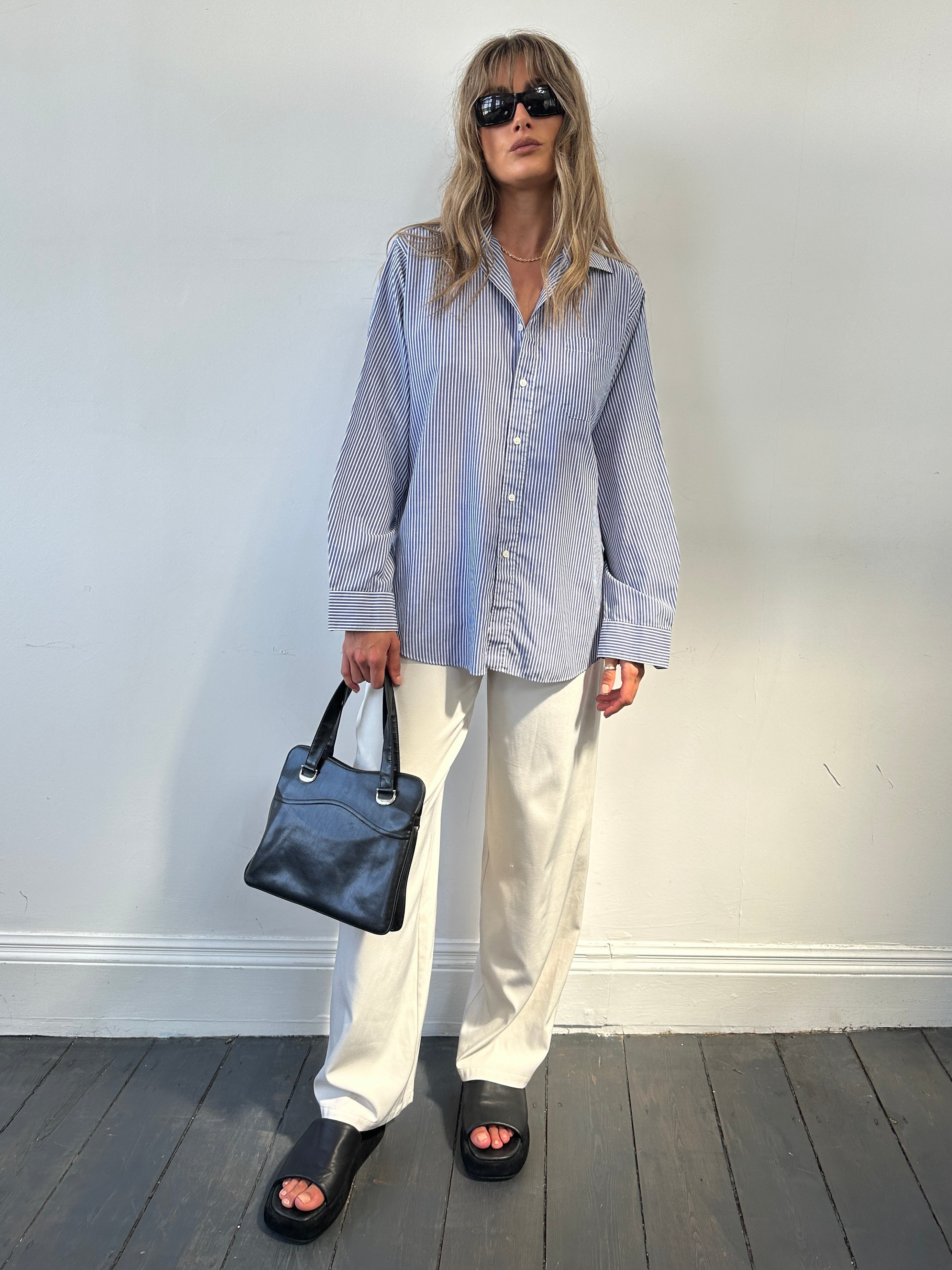 St Michael pinstripe cotton shirt in size M, featuring a classic button-up design with a collar and long sleeves.