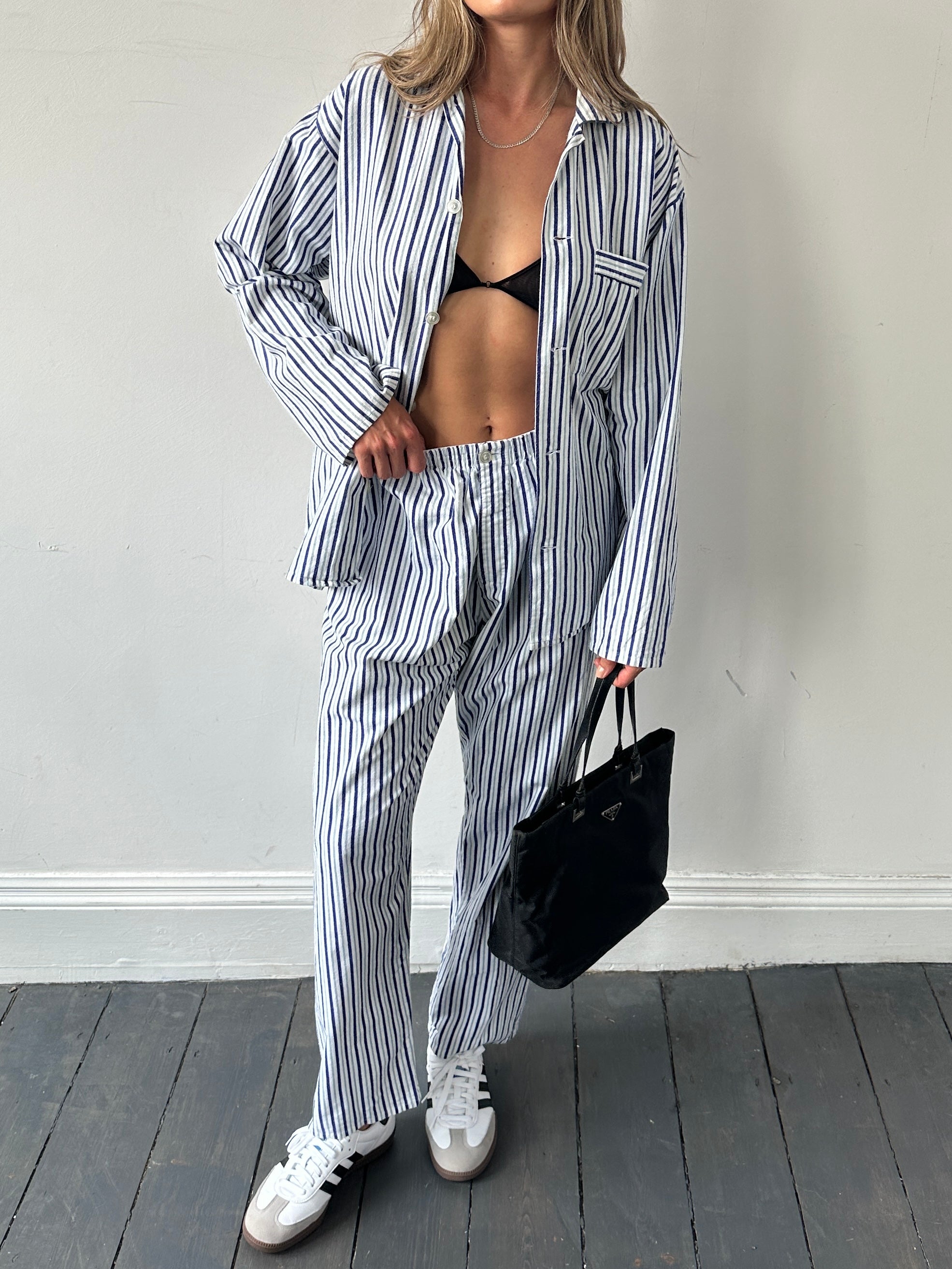 St Michael brushed cotton stripe two-piece pyjama set with long sleeves and pants, comfortable sleepwear for men.