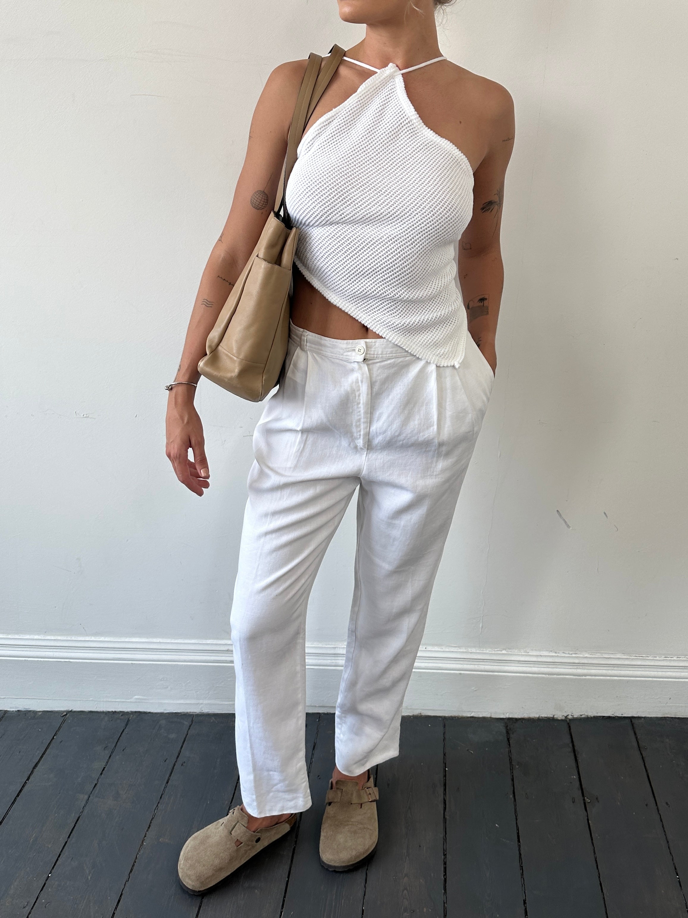 Valentino Miss V Pure Linen High Waisted Trousers in light fabric, tailored fit, and elegant high waist design.