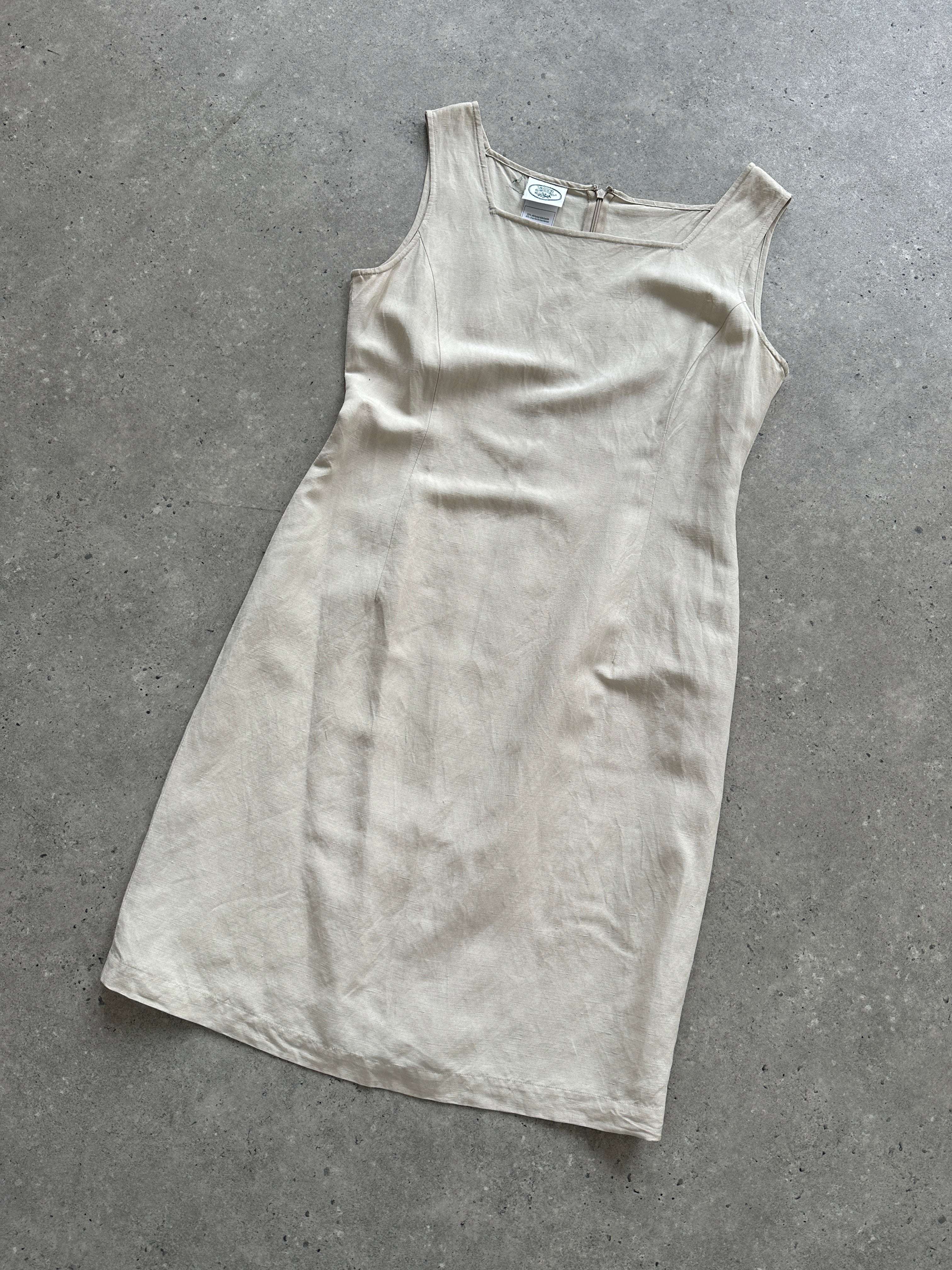 Laura Ashley silk linen square neck midi dress in size M, featuring a flowing design and elegant midi length.