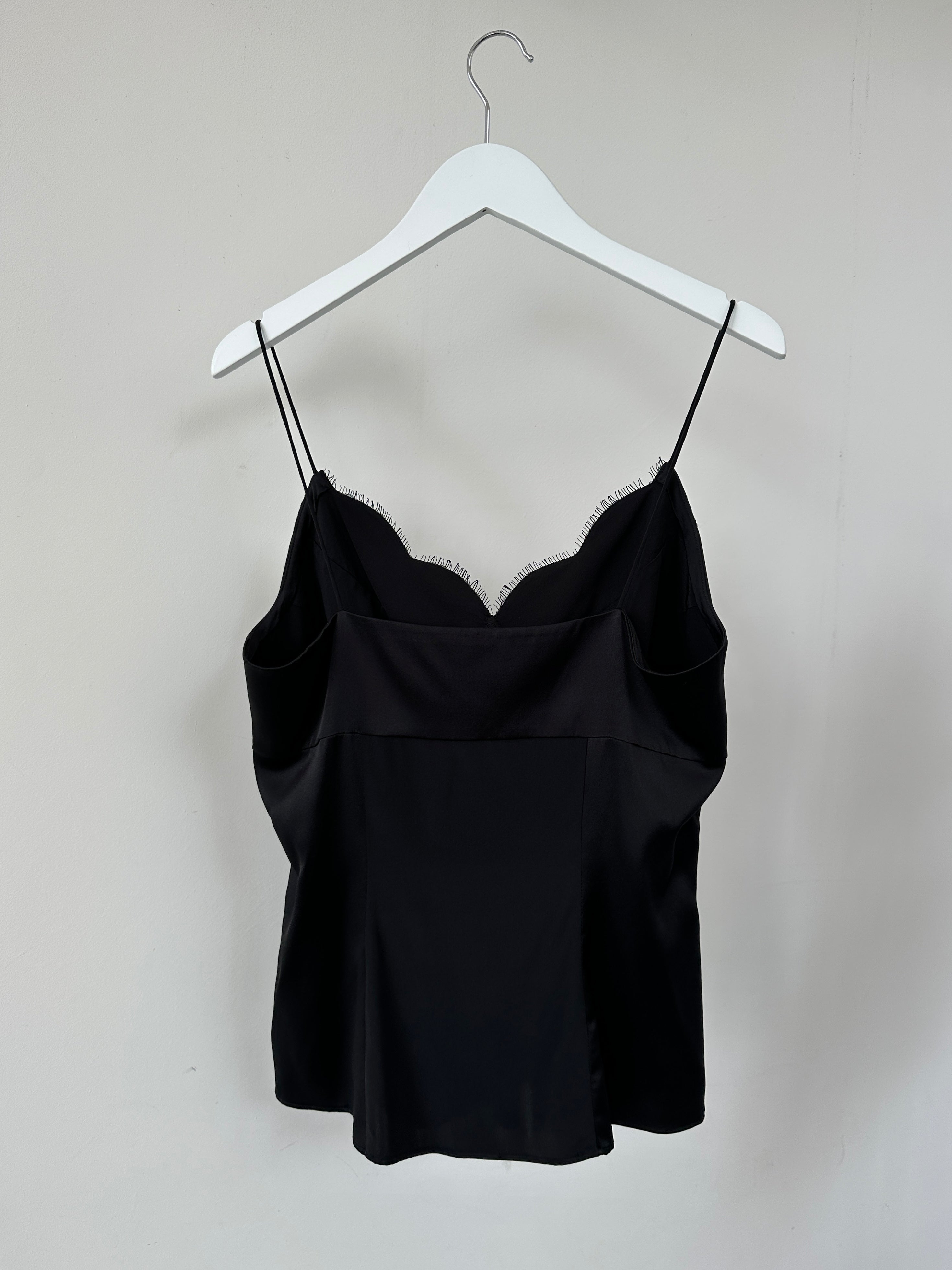 Jaeger silk cami top with lace trim, in size small, featuring a sleek, elegant design and delicate lace details.