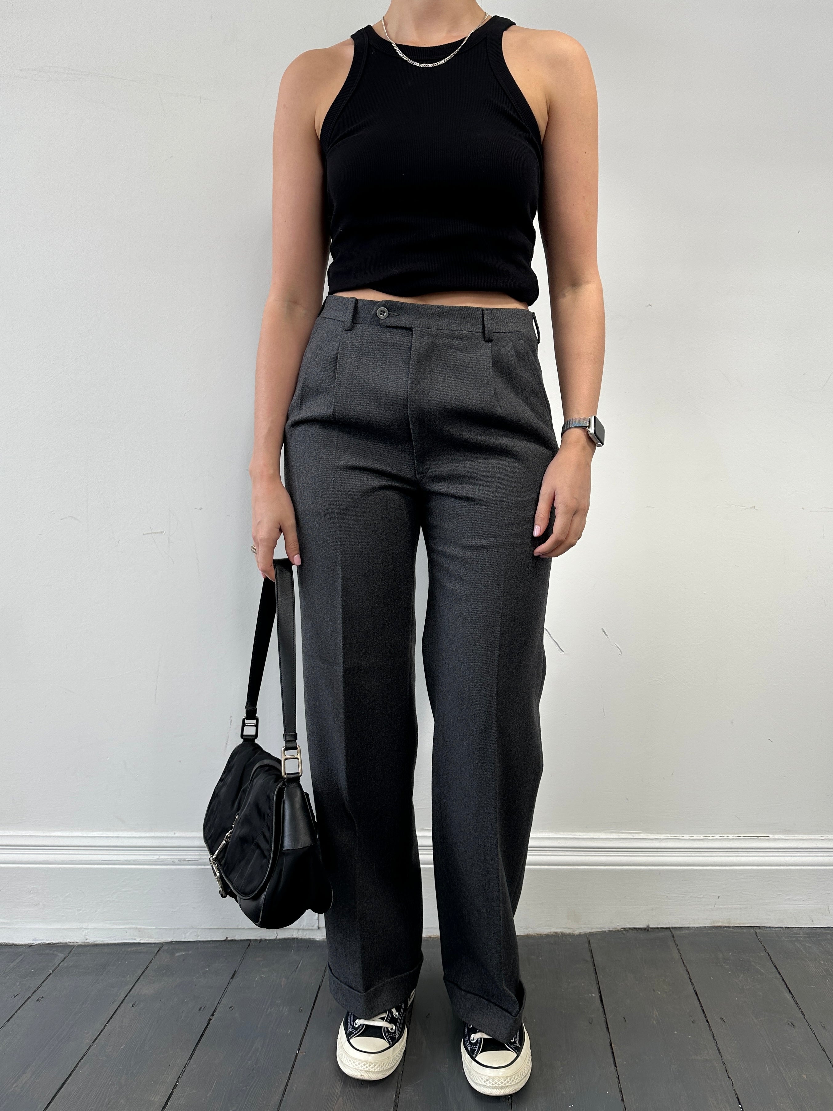 Vintage Italian tailored virgin wool trousers with pleats and straight legs, size W30, shown on a neutral background.