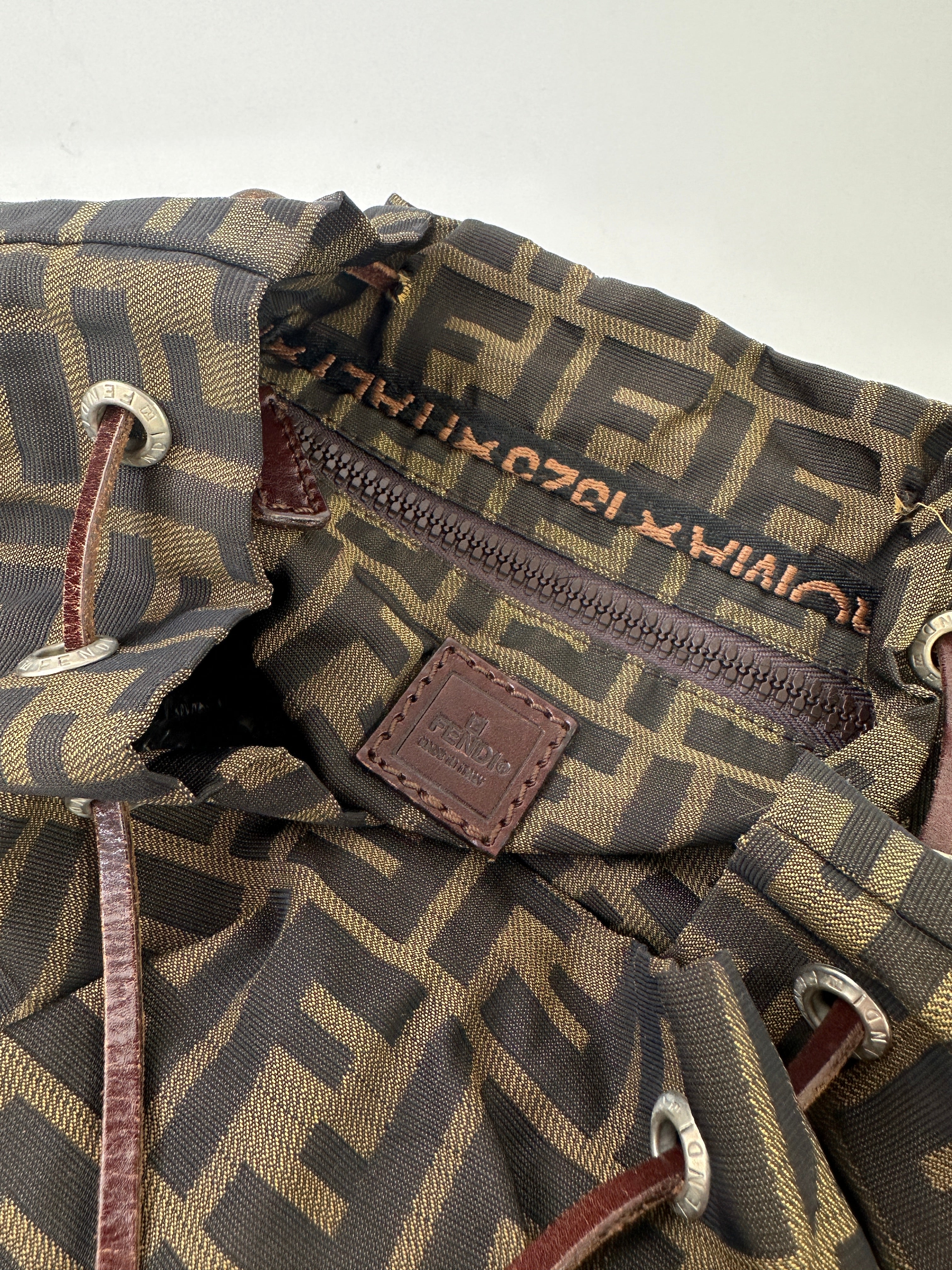 Fendi Zucca FF Monogram Rucksack bag with adjustable straps and top handle, featuring the iconic Fendi monogram pattern.