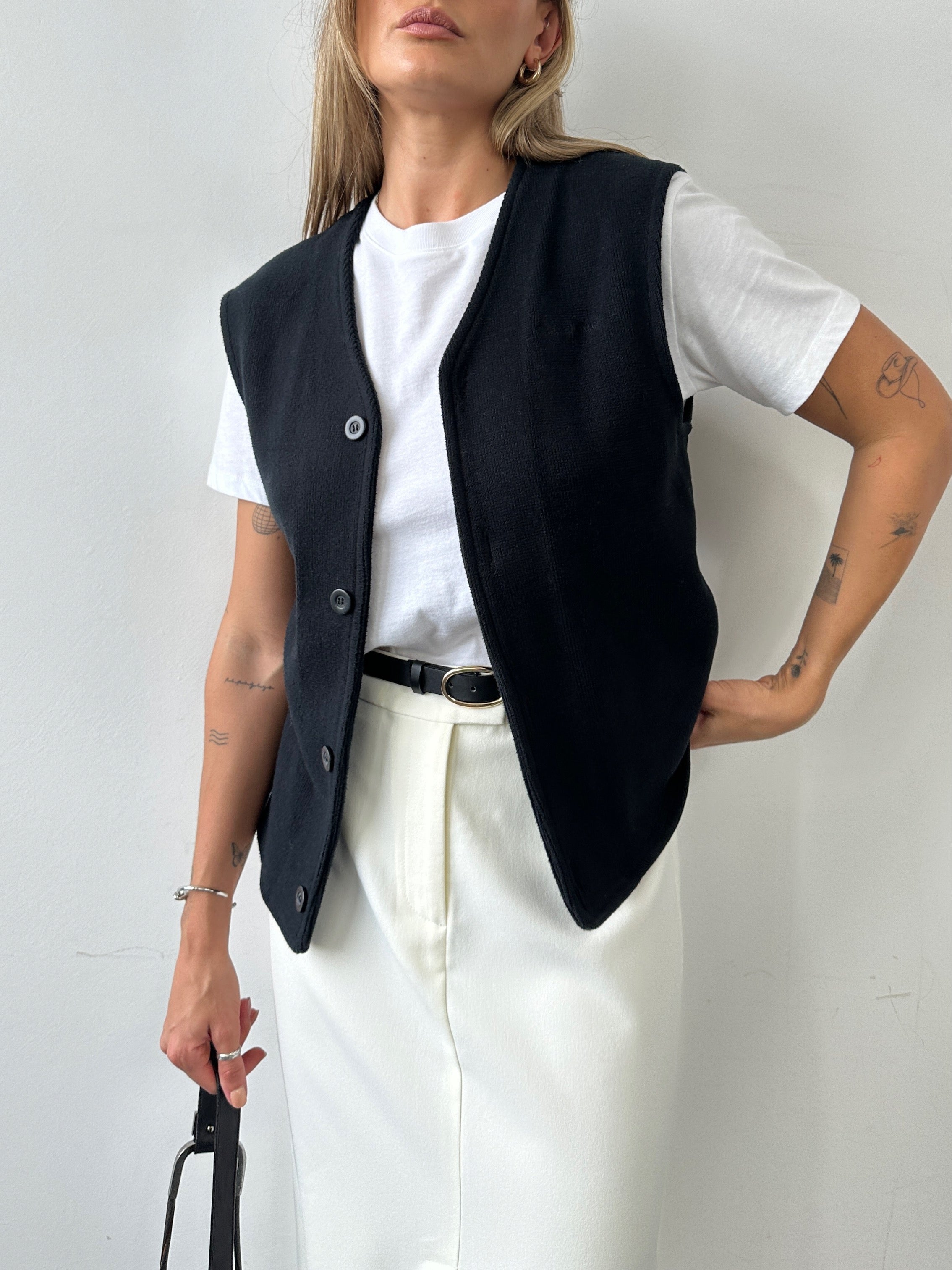 Giorgio Armani cotton knitted waistcoat with logo detail, S/M size, featuring a tailored coat design in neutral tones.