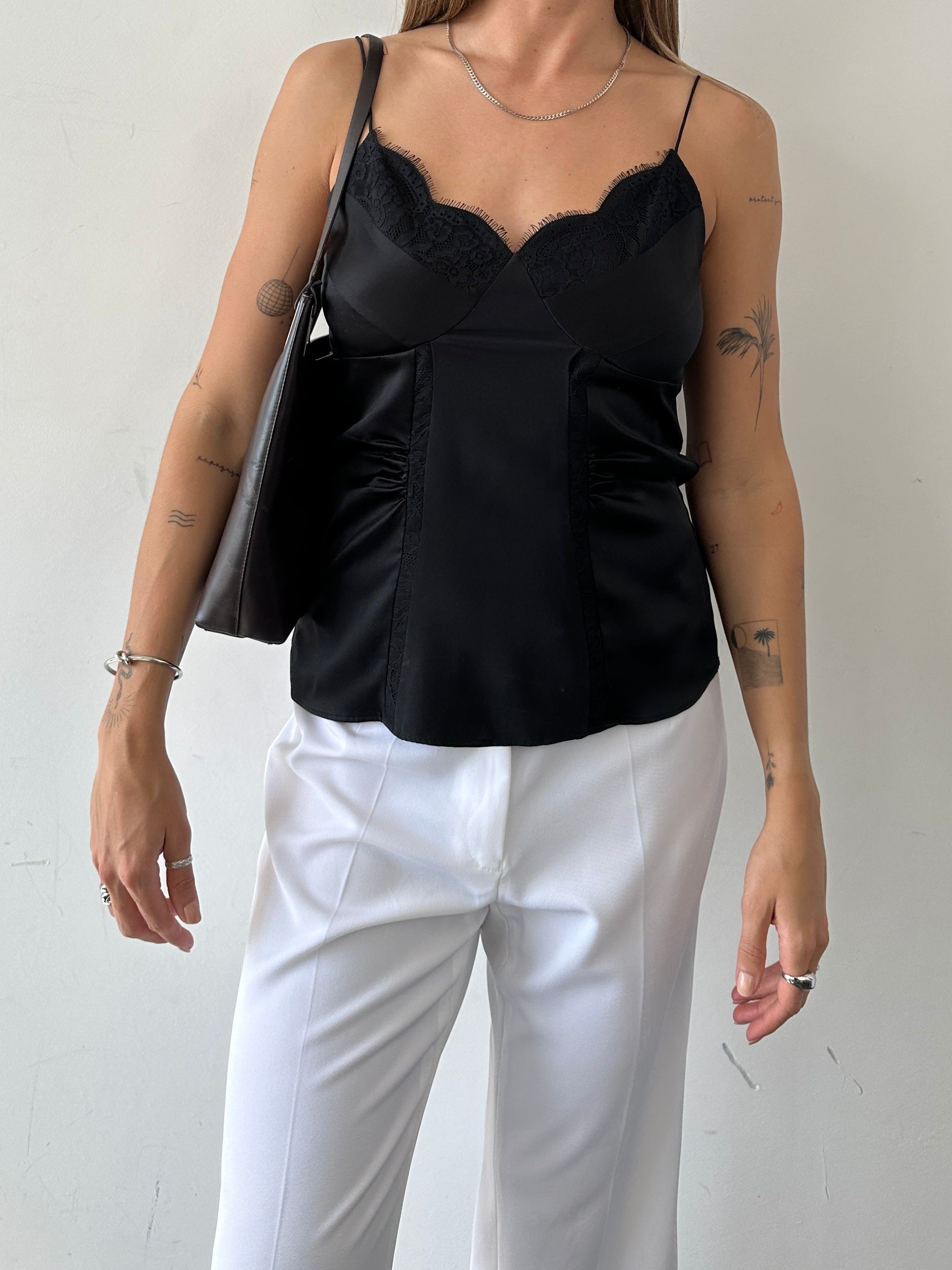 Jaeger silk lace trim cami top in size small, featuring a delicate lace detail and smooth silk fabric.