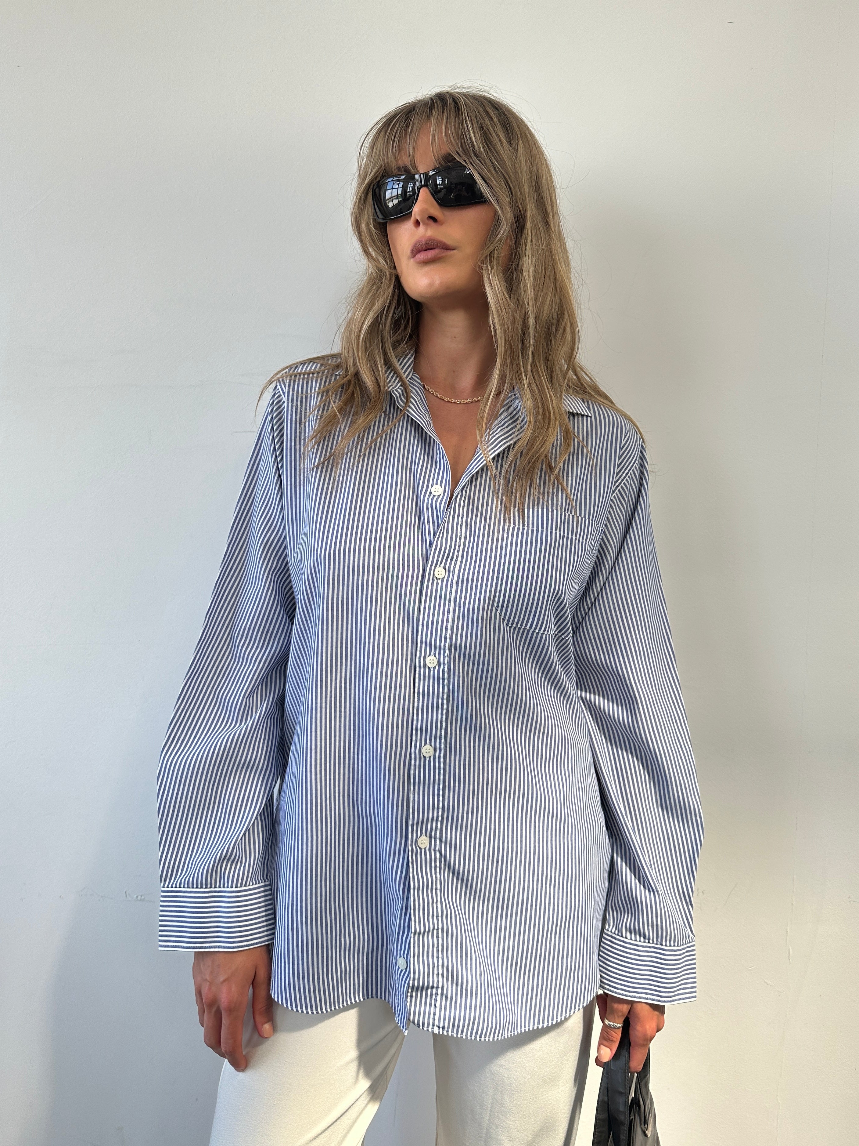 St Michael pinstripe cotton shirt in size M, featuring classic button-down design and blue pinstripe pattern.