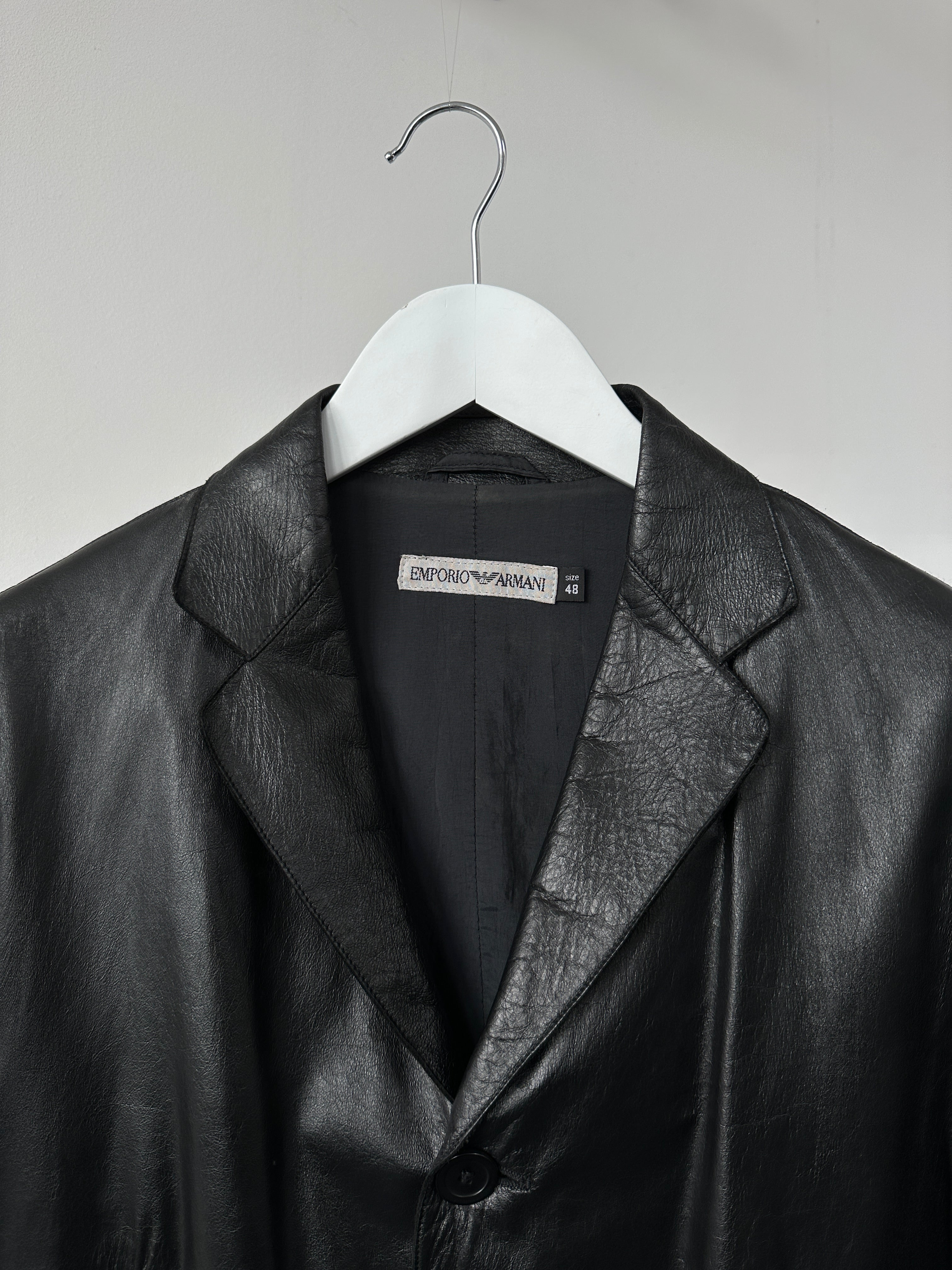 Emporio Armani leather blazer jacket in size S, black with sleek design, featuring a classic collar and tailored fit.