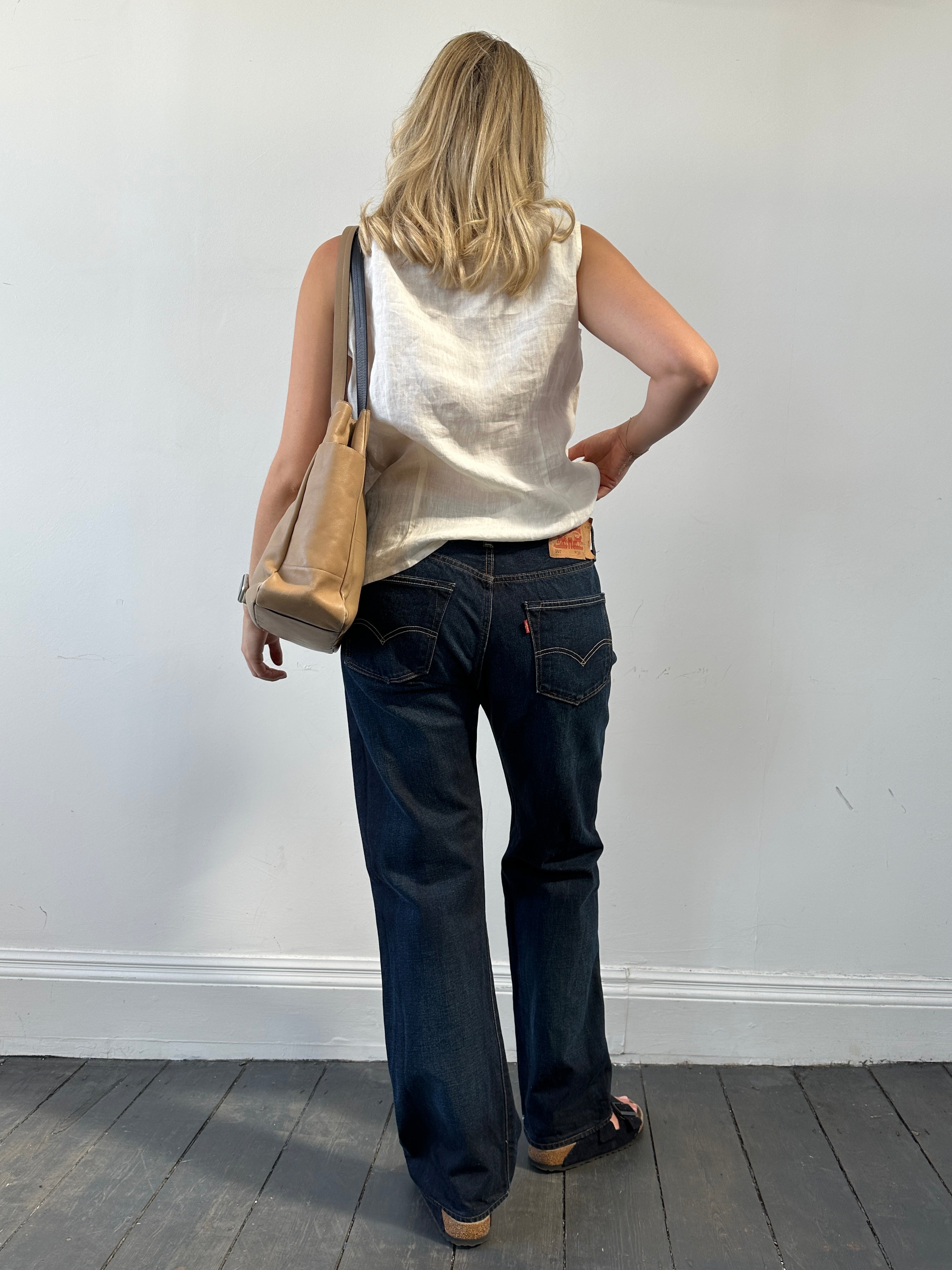Dark wash Levi's 501 denim jeans with straight leg fit, showing front view with classic five-pocket design.