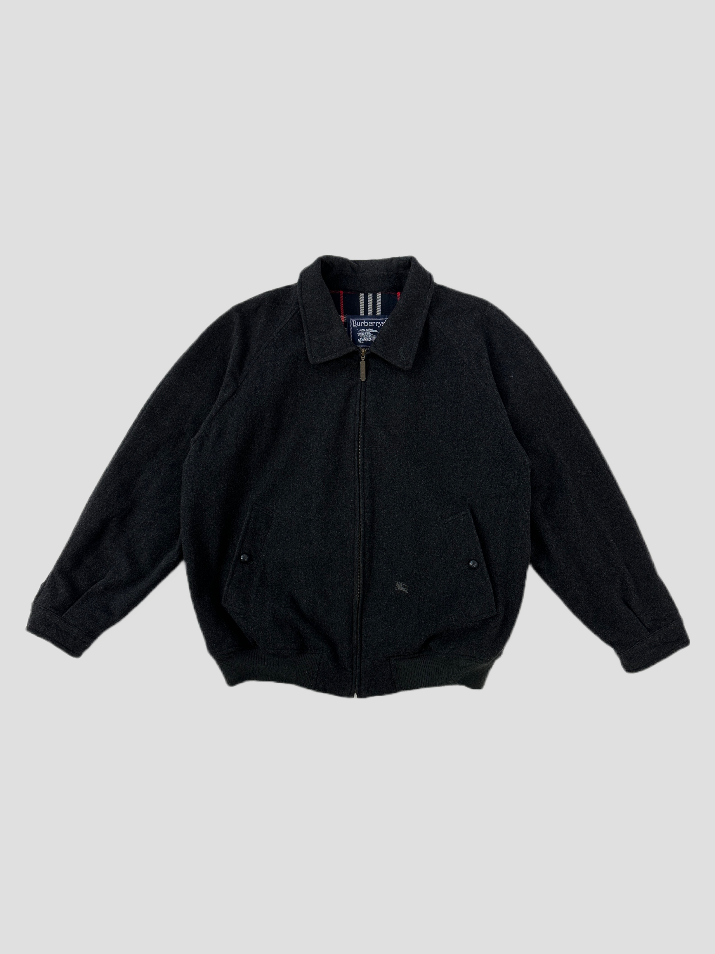 Burberry Hamilton Nova Check logo wool cashmere bomber jacket in grey, featuring a classic check pattern and ribbed cuffs.