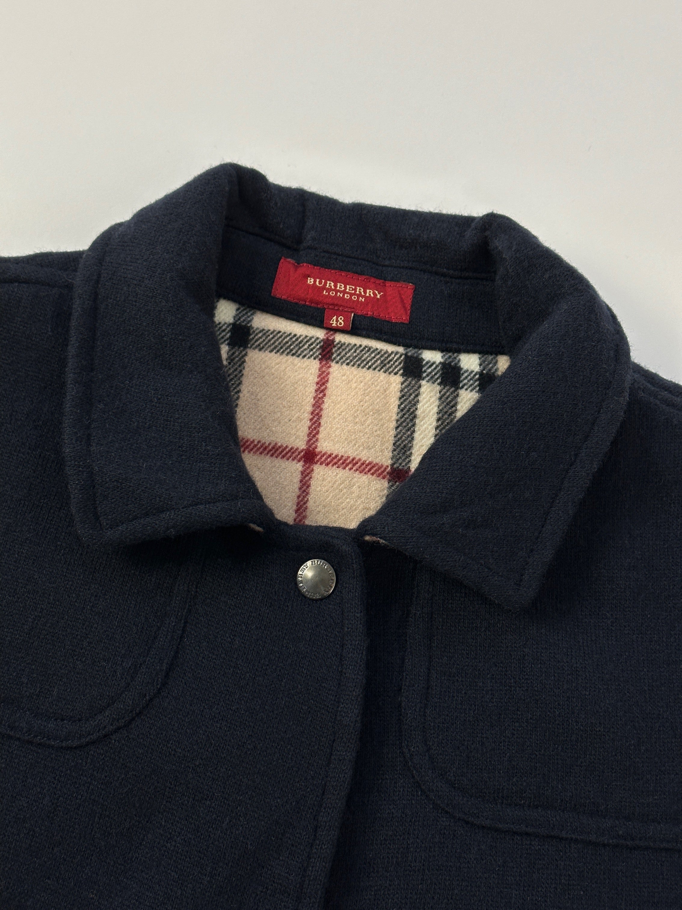 Navy Burberry London Nova Check knitted wool jacket with classic check pattern and ribbed cuffs, stylish and warm for colder days.