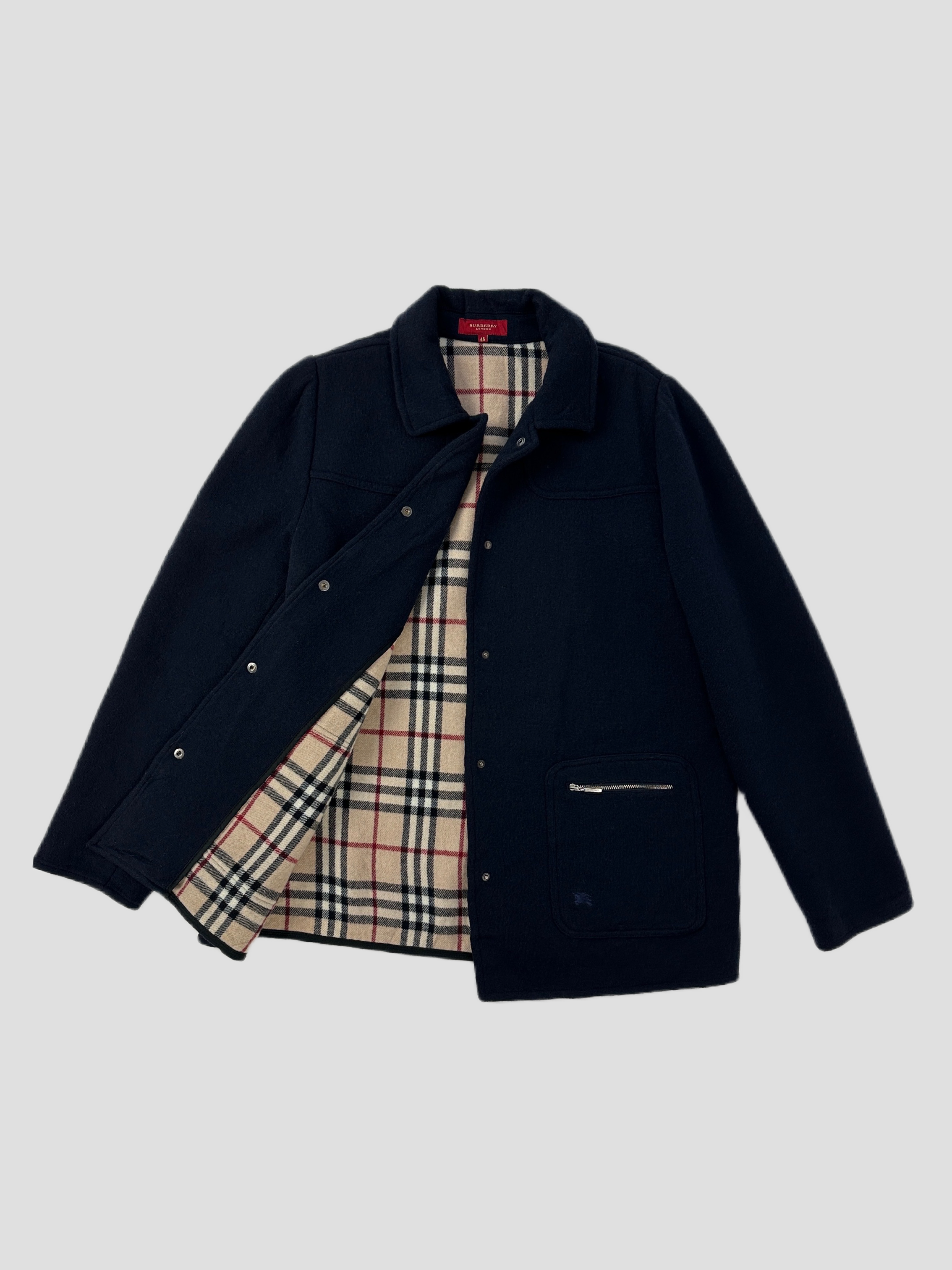 Navy Burberry London Nova Check knitted wool jacket with classic check pattern and tailored fit.