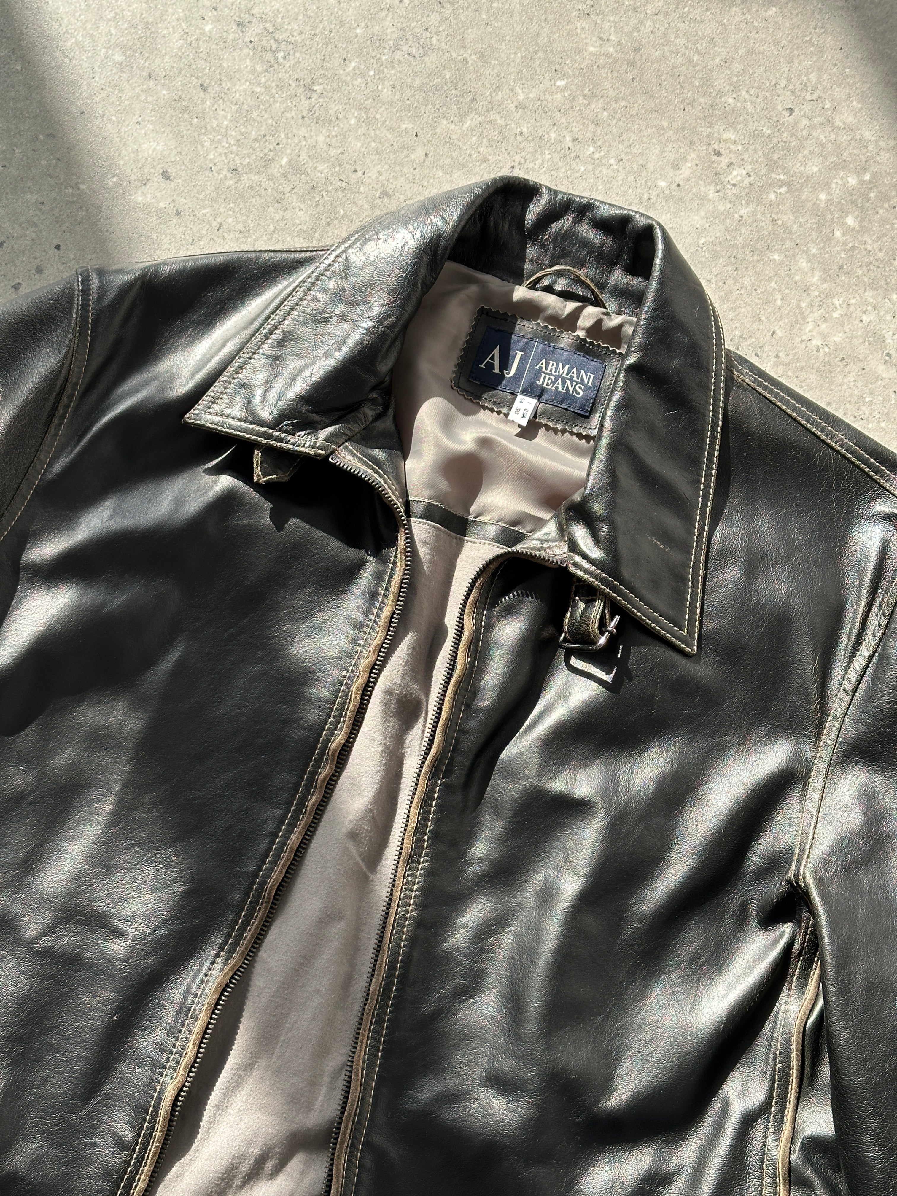 Armani Jeans contrast stitch leather jacket in size L, featuring a sleek design with detailed stitching and classic collar.