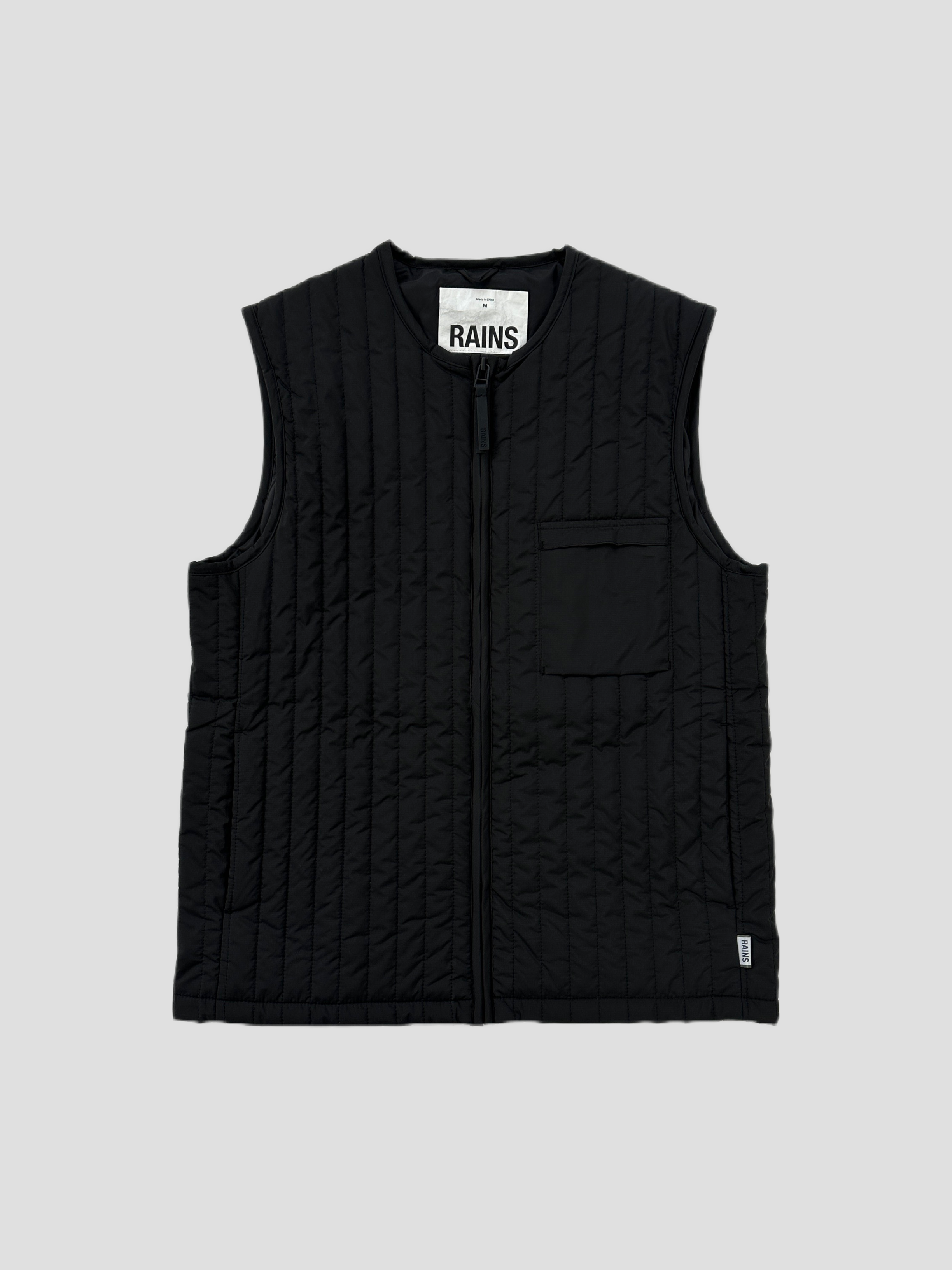 Rains waterproof zip-up liner vest, lightweight gilet with hood, black rain-resistant vest for outdoor protection and layering.