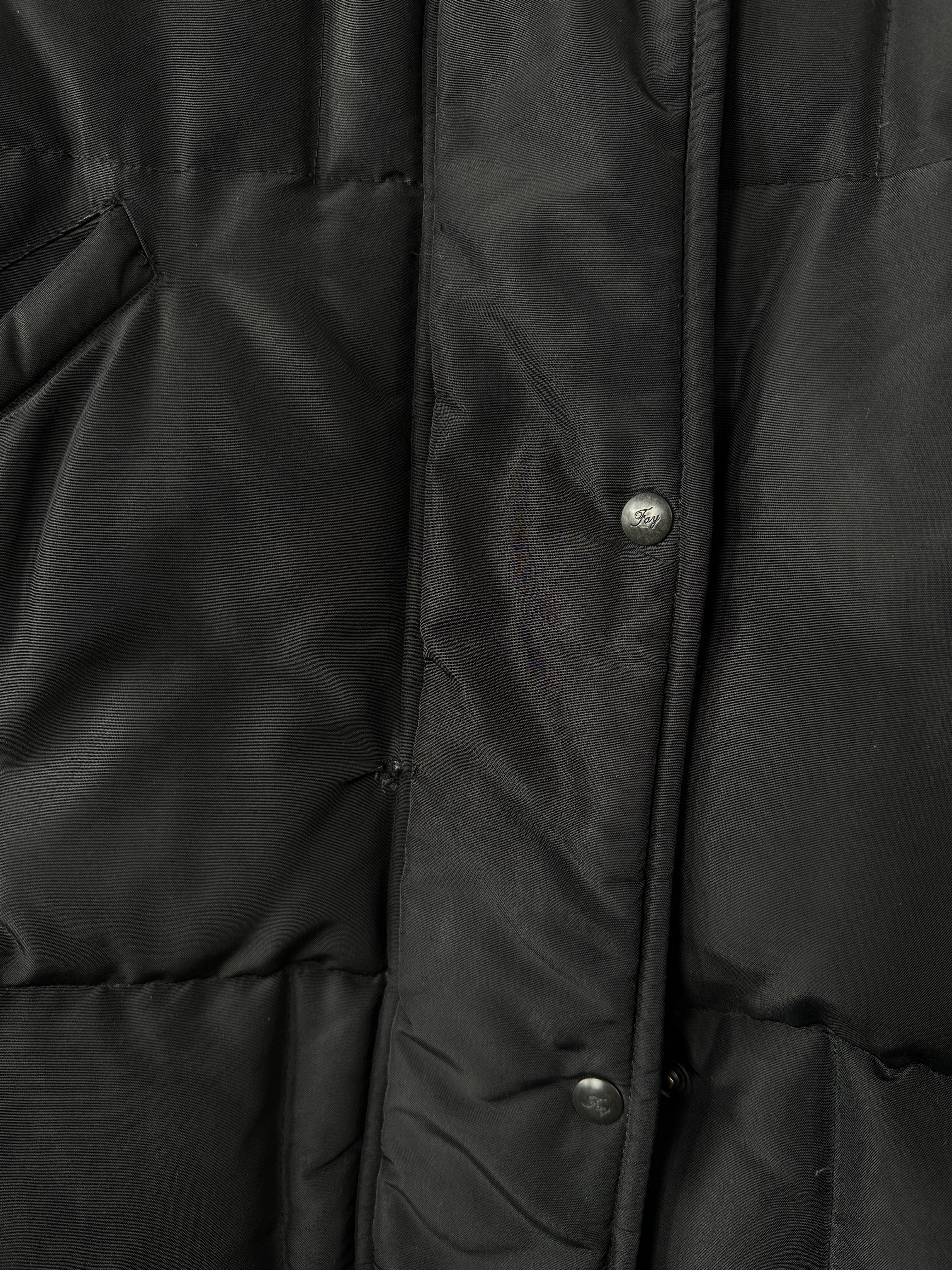 Fay floor-length down puffer coat in black, M/L size, featuring a quilted design and hood for warmth and style.