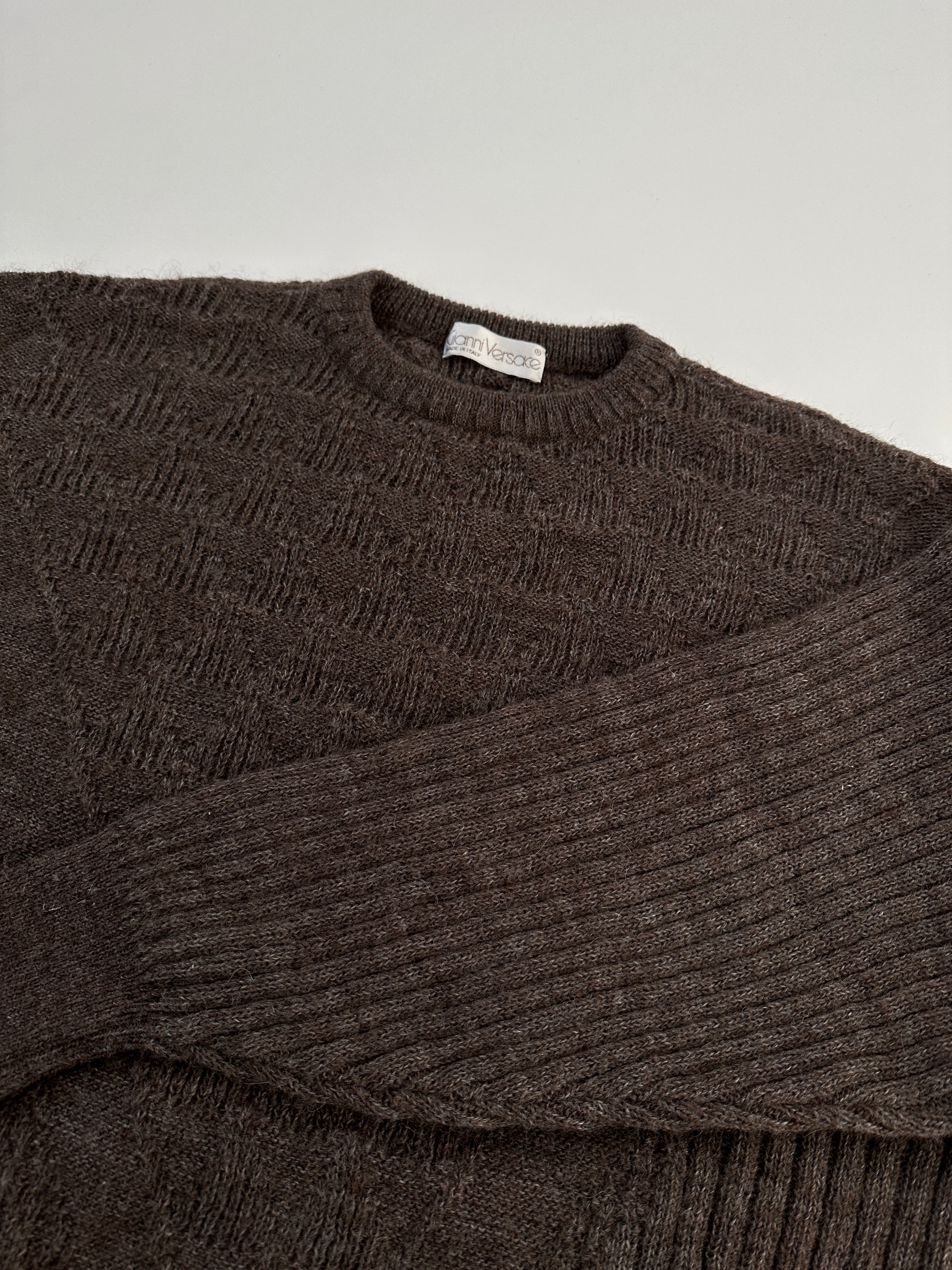 Gianni Versace 80s alpaca wool jumper in M/L, featuring a textured knit design, warm and stylish sweater for cold weather.
