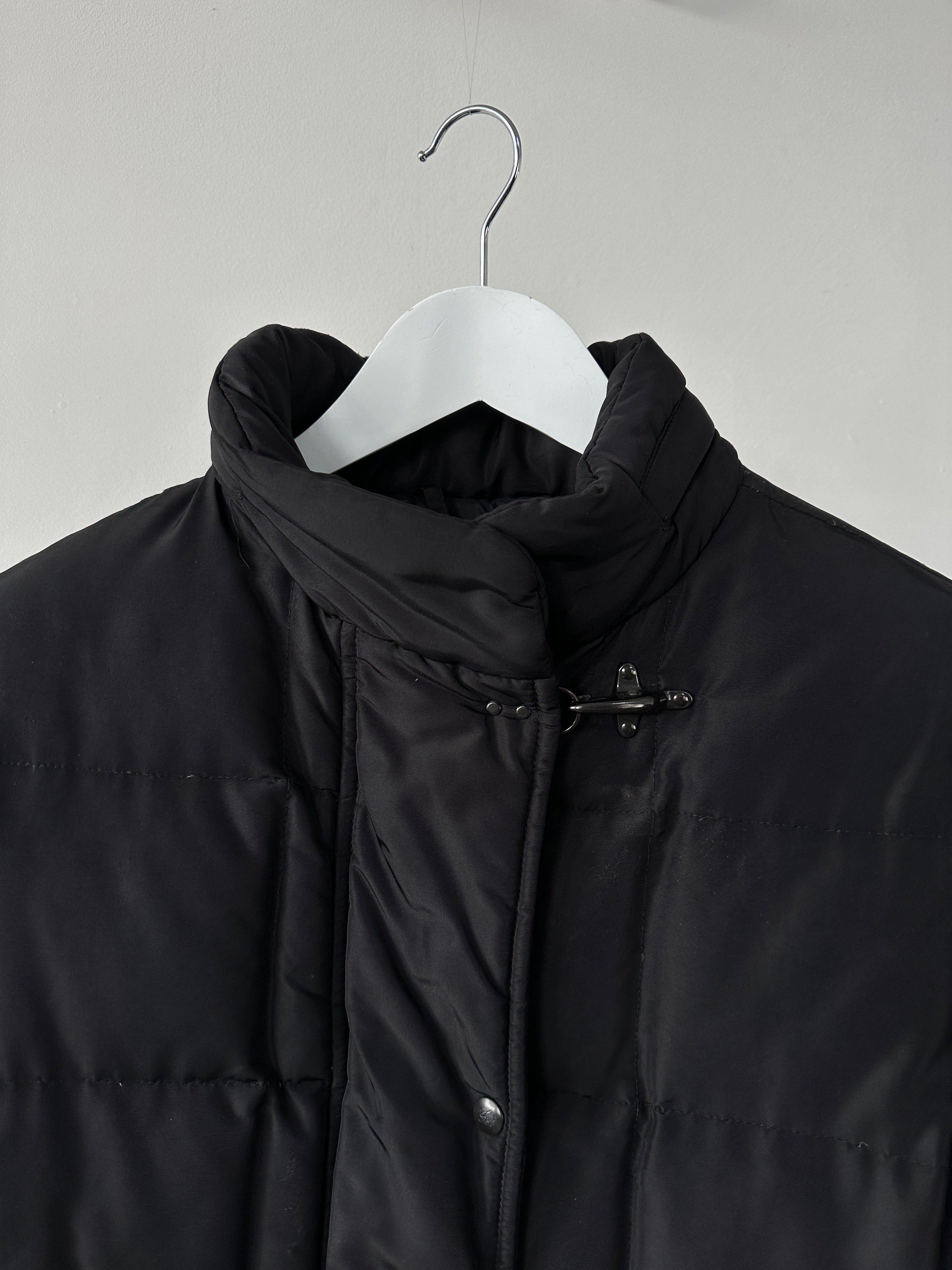 Fay floor length down puffer coat in black, M/L size, featuring a quilted design and hood for warmth and style.