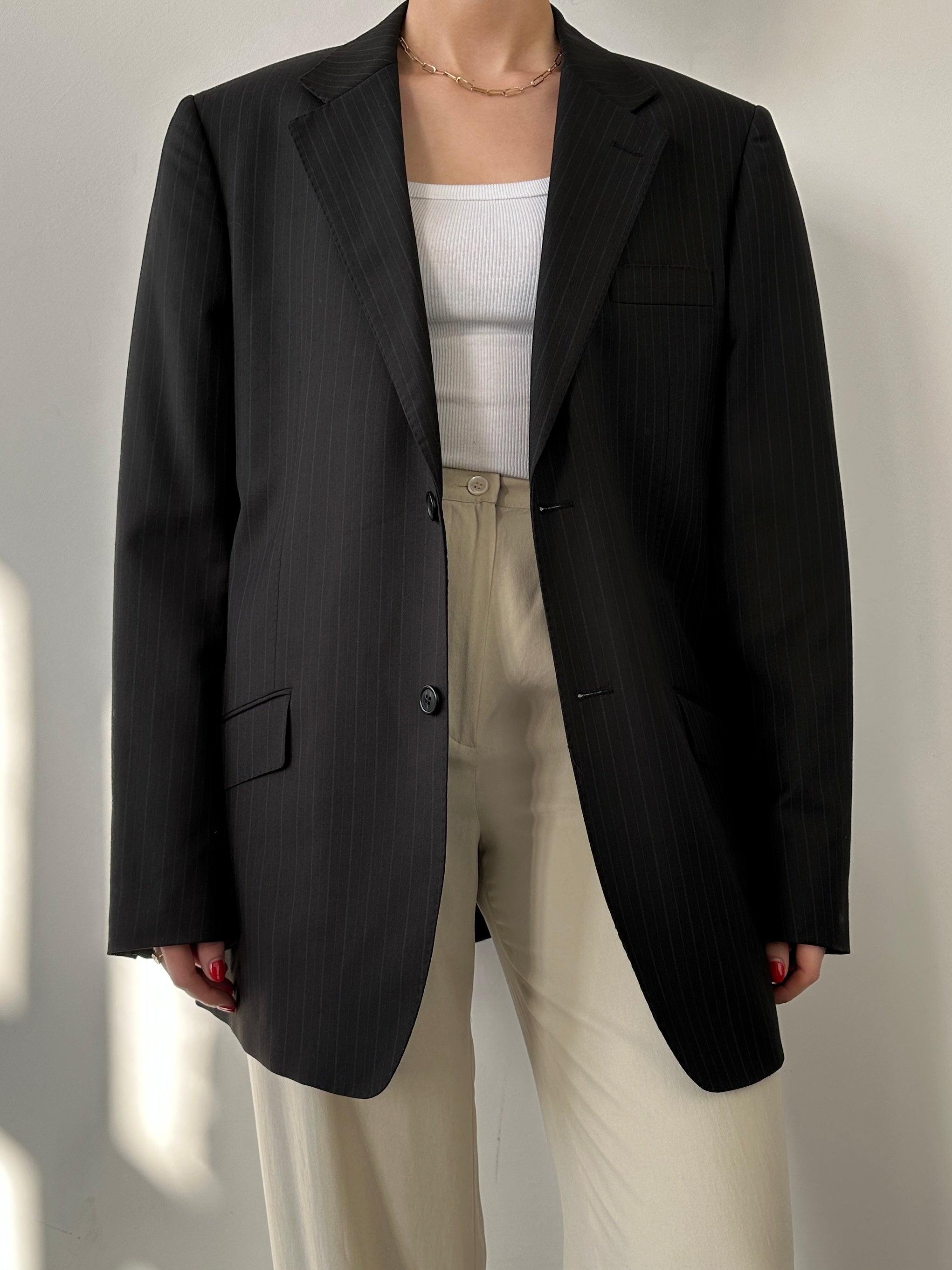 Vintage brown pinstripe blazer, tailored men's blazer with classic design, featuring a notched collar and structured fit.