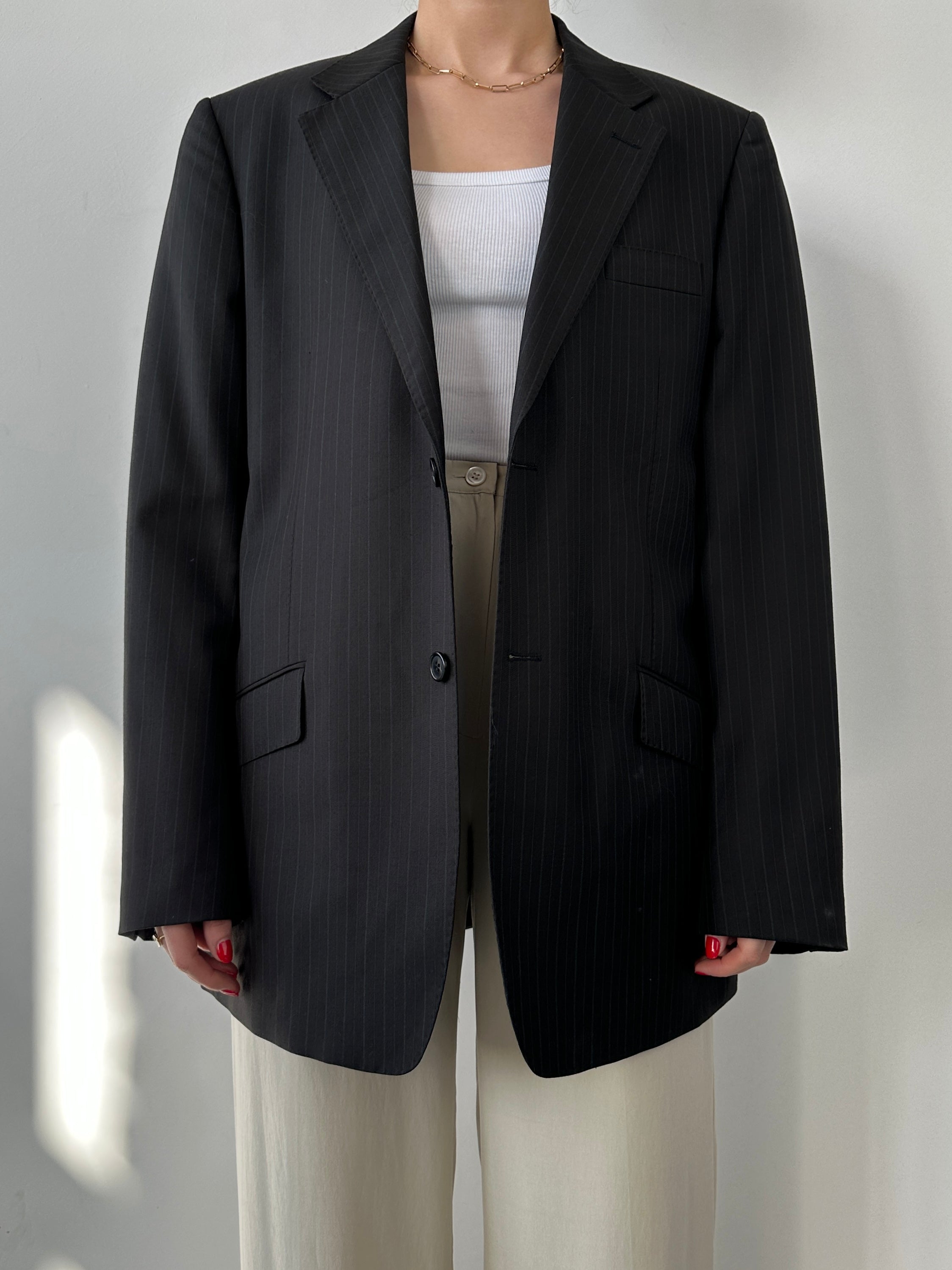 Vintage brown pinstripe blazer, tailored men's blazer with classic pinstripe pattern and structured fit.