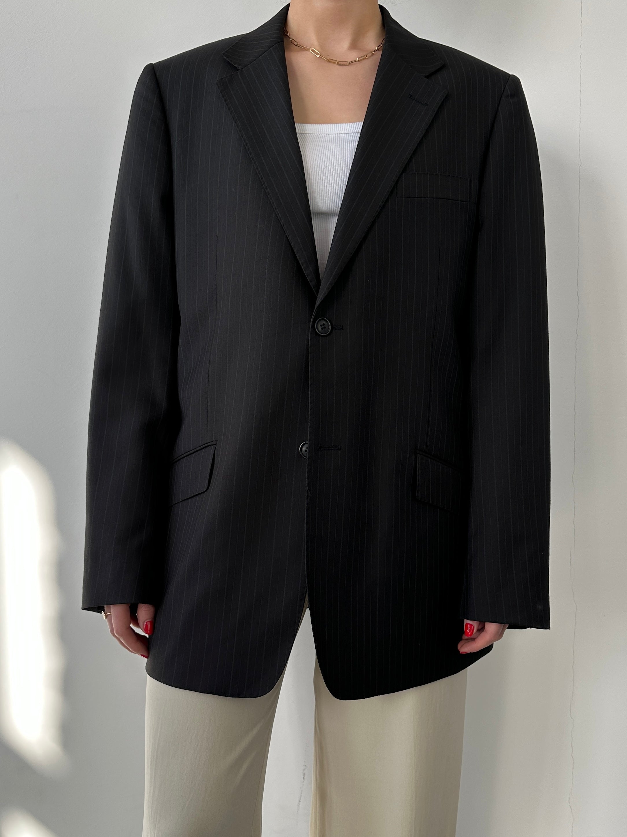 Vintage brown pinstripe blazer, tailored blazer with classic pinstripe pattern, featuring a notch lapel and button closure.