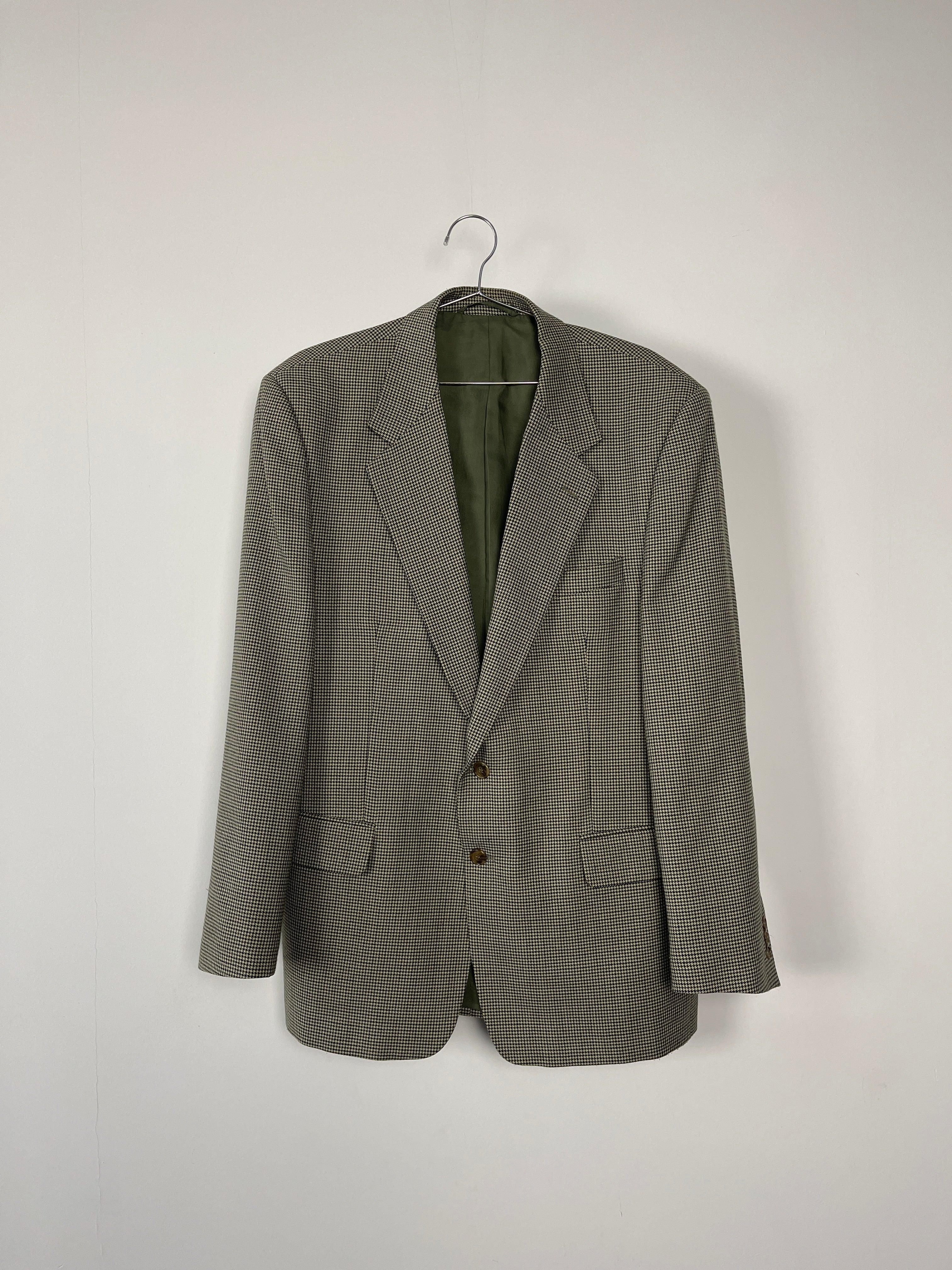 Vintage Wool Dogtooth Blazer, large green tailored blazer with classic dogtooth pattern and vintage style, slim fit.