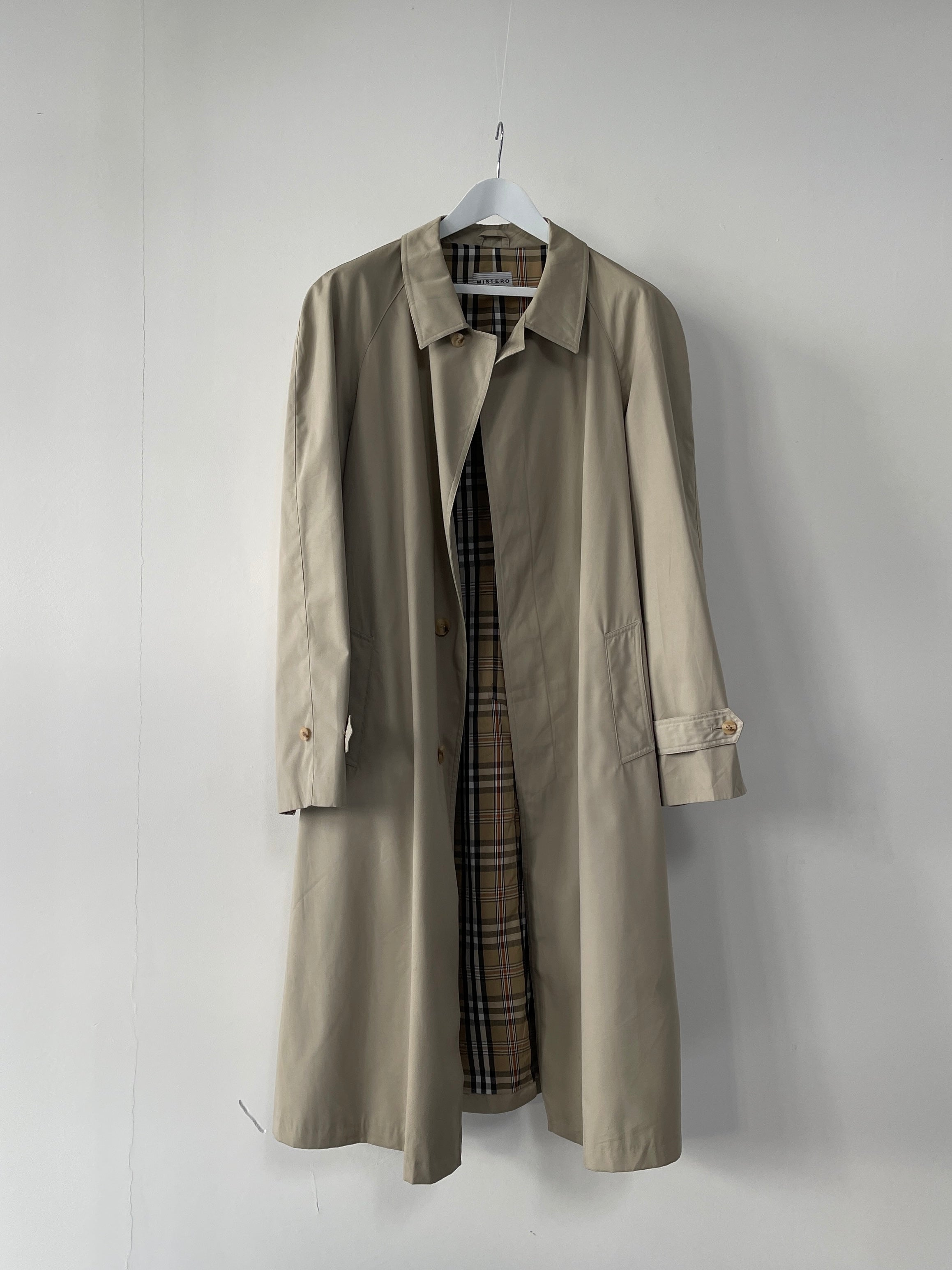Beige Vintage Cotton Belted Trench Coat with classic design, large fit, and belted waist, perfect for timeless outerwear style.