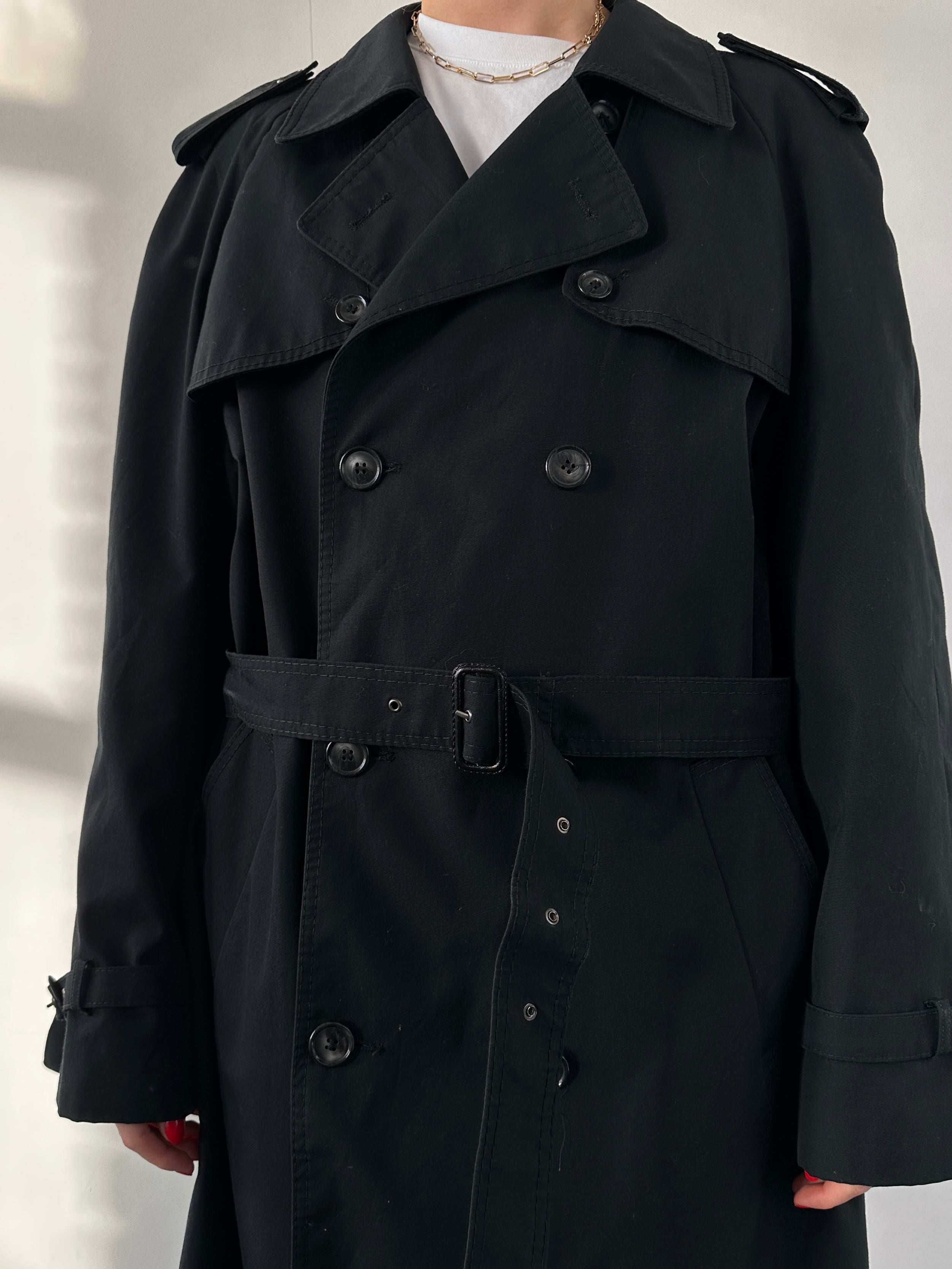 Black Vintage belted cotton trench coat with classic design, large fit, and stylish collar, perfect for timeless outerwear.